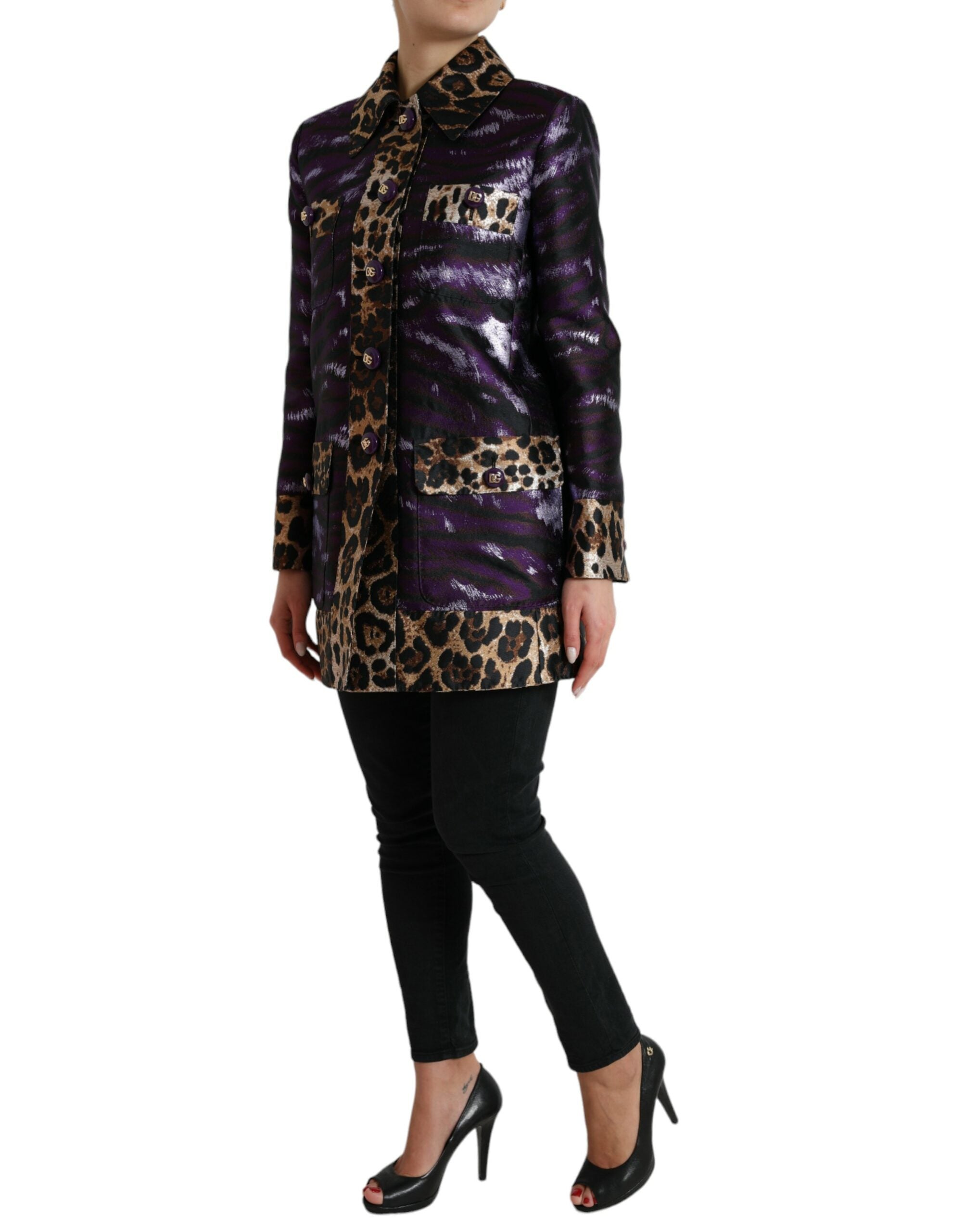 Dolce & Gabbana Purple Lamé Jacquard Tiger Print Coat Women's Jacket