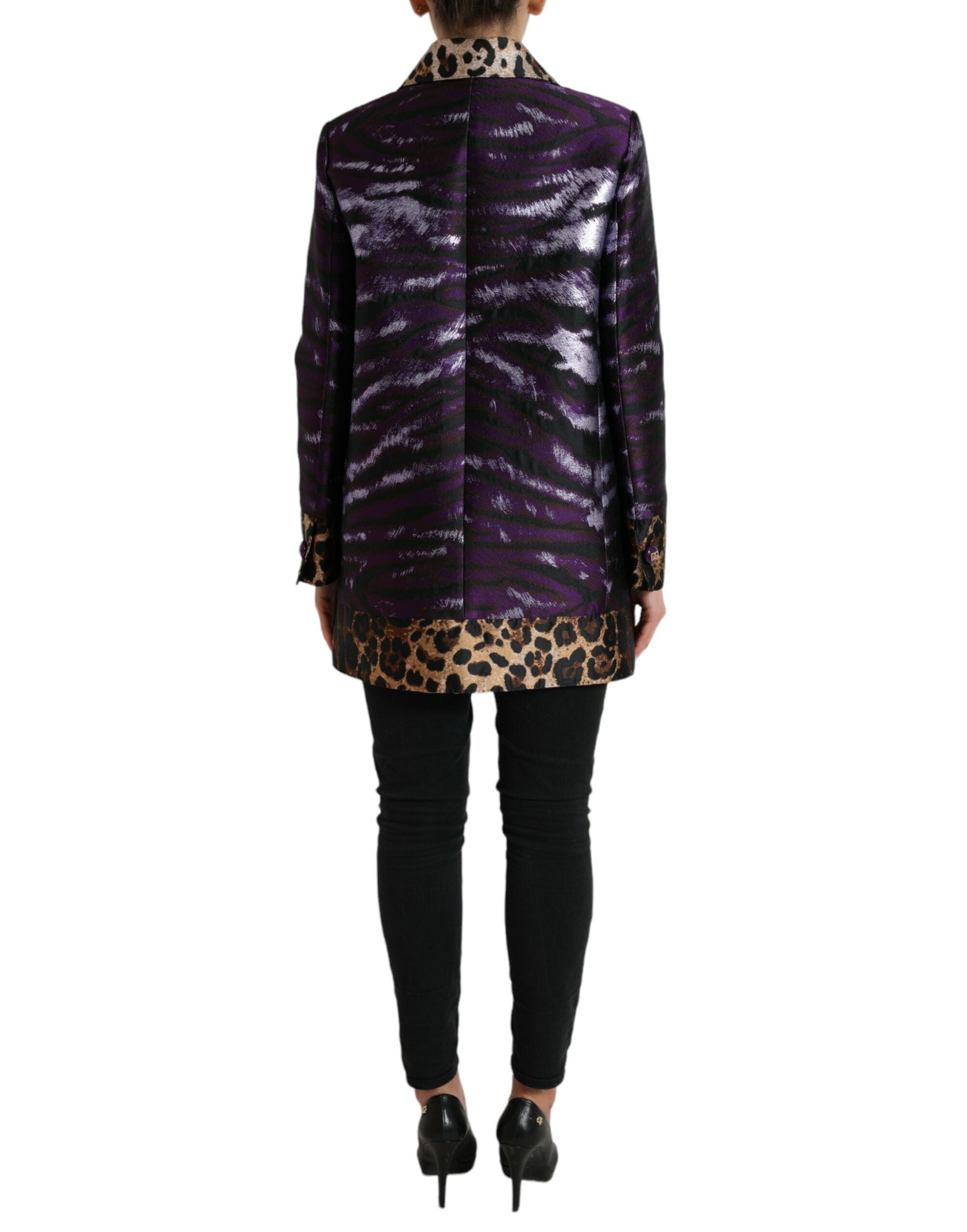 Dolce & Gabbana Purple Lamé Jacquard Tiger Print Coat Women's Jacket