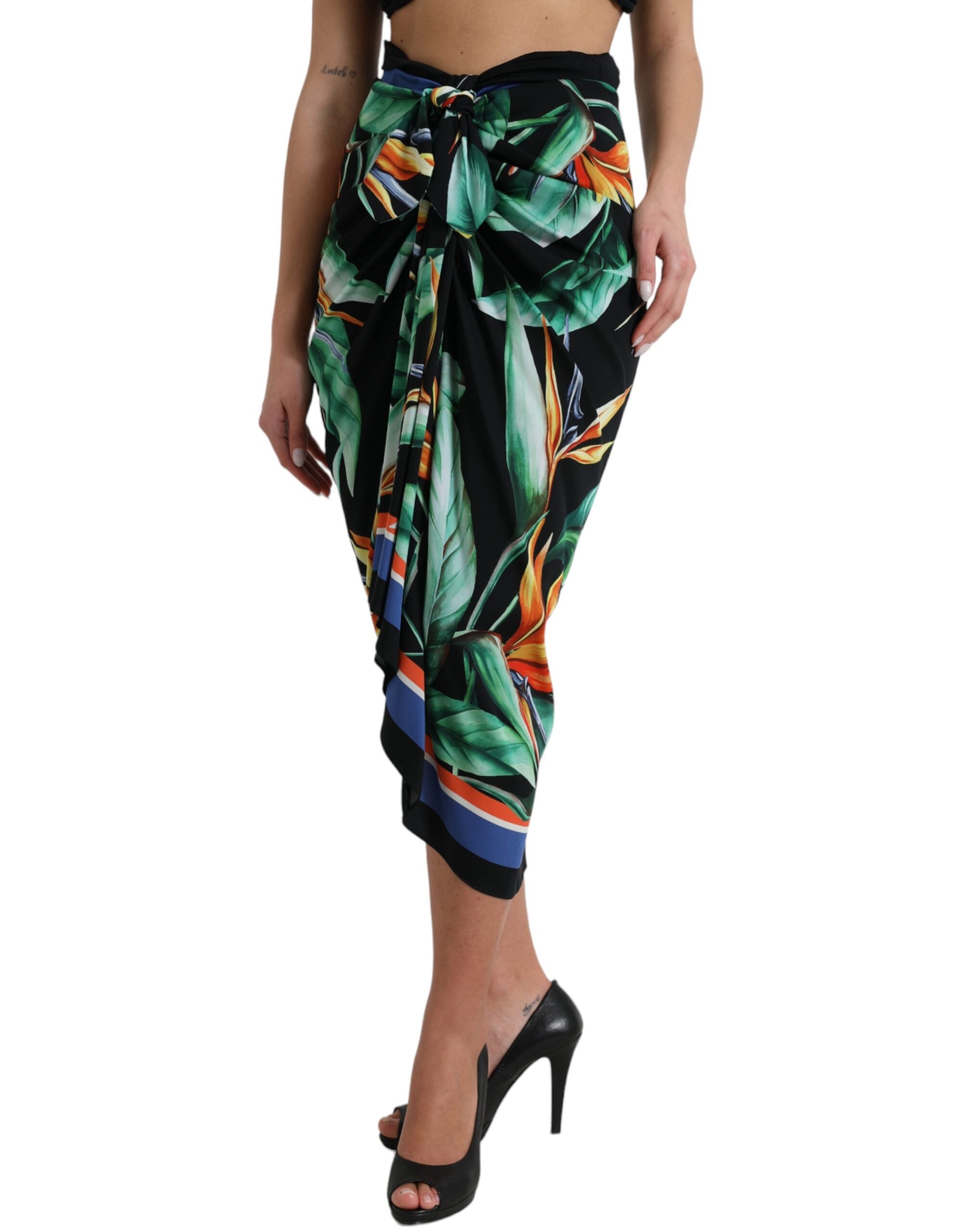 Dolce & Gabbana Black Strelitzia High Waist Wrap Midi Women's Skirt (Pre-Owned)