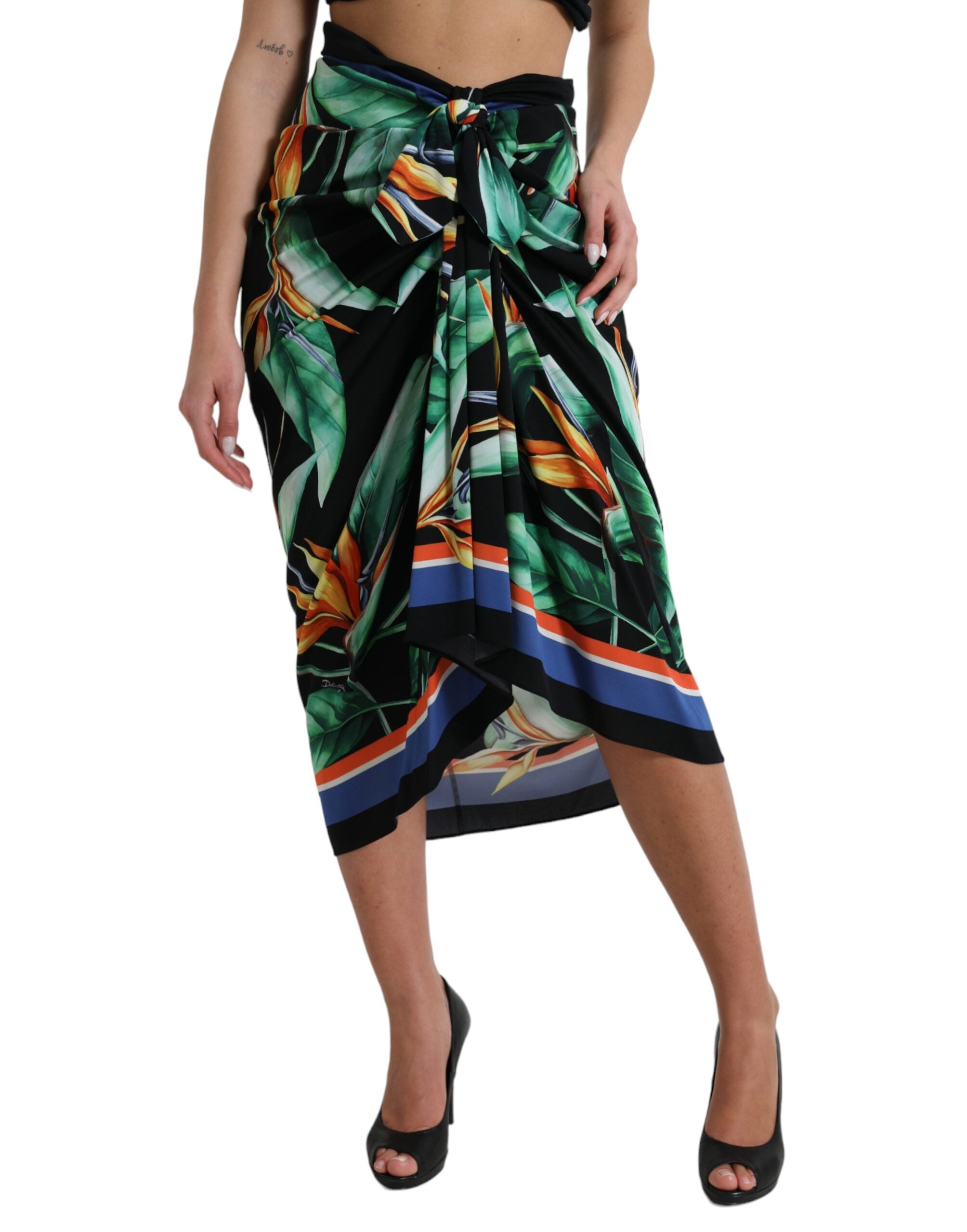 Dolce & Gabbana Black Strelitzia High Waist Wrap Midi Women's Skirt (Pre-Owned)