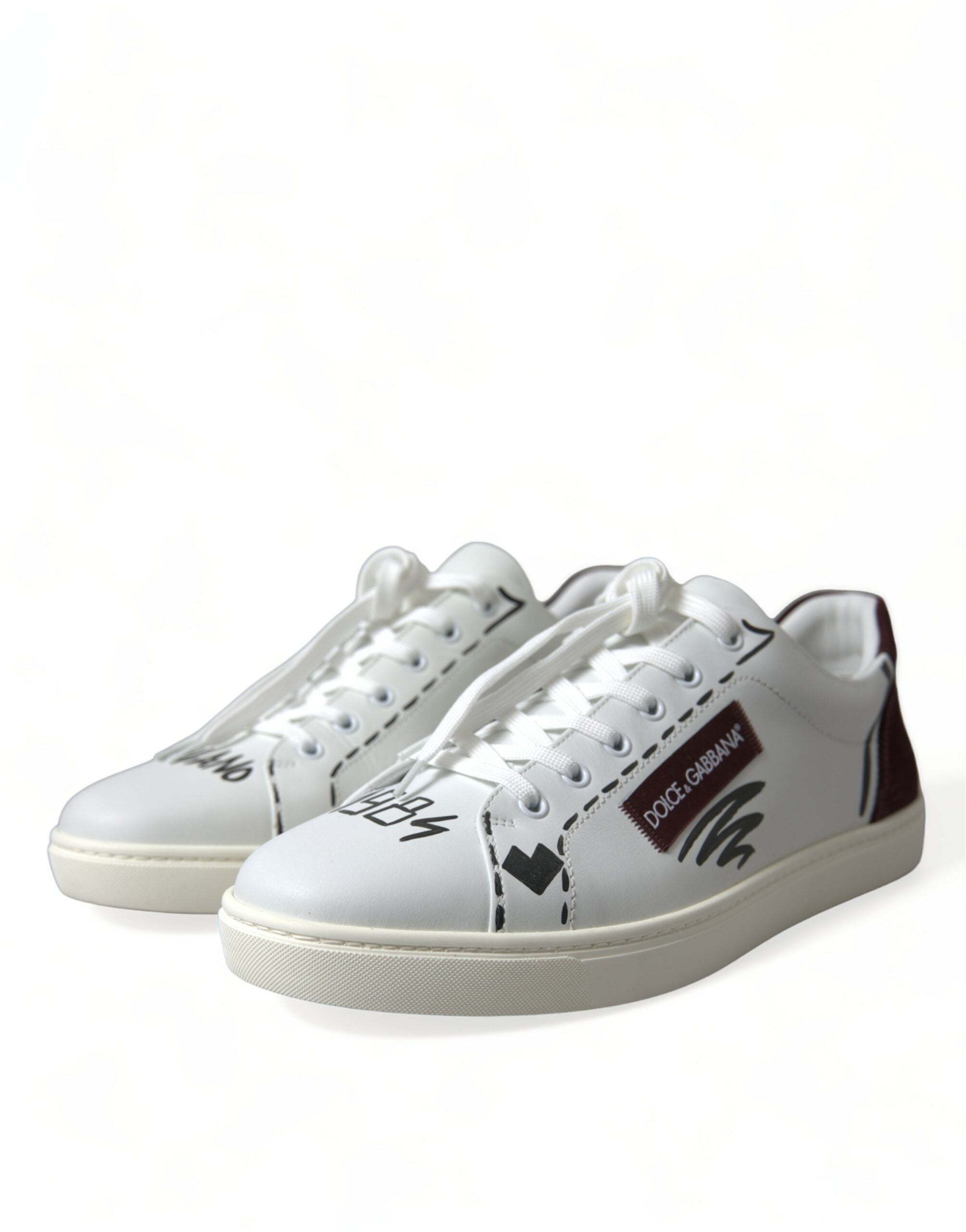 Dolce & Gabbana White Bordeaux Leather Logo Low Top Sneakers Men's Shoes