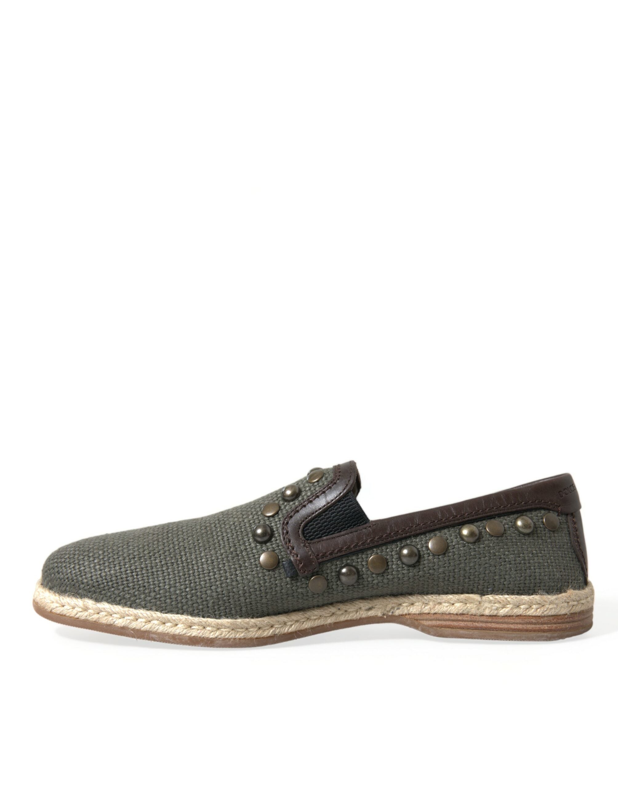 Dolce & Gabbana Gray Linen Leather Studded Loafers Men's Shoes
