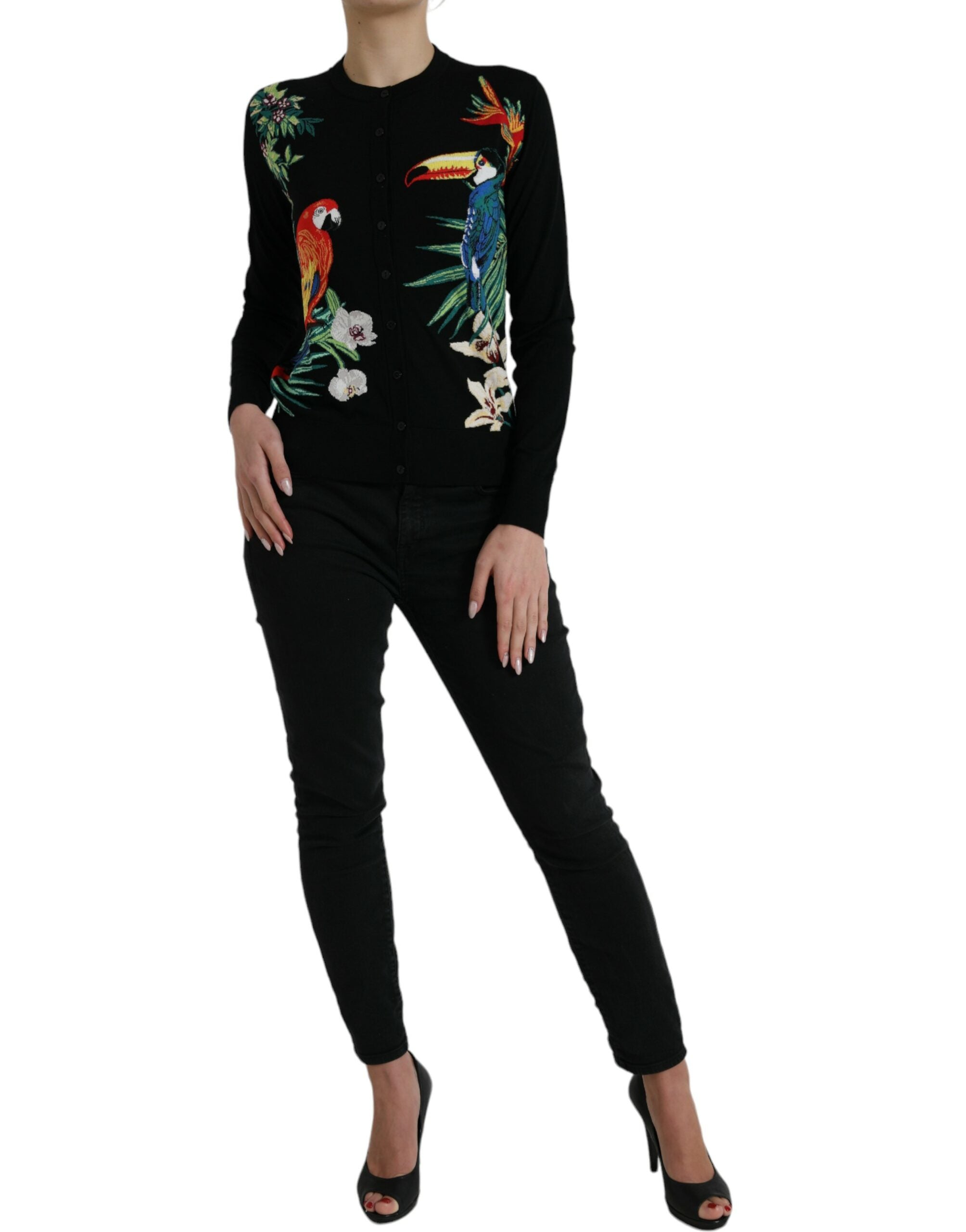 Dolce & Gabbana Black Bird Wool Long Sleeve Cardigan Women's Sweater