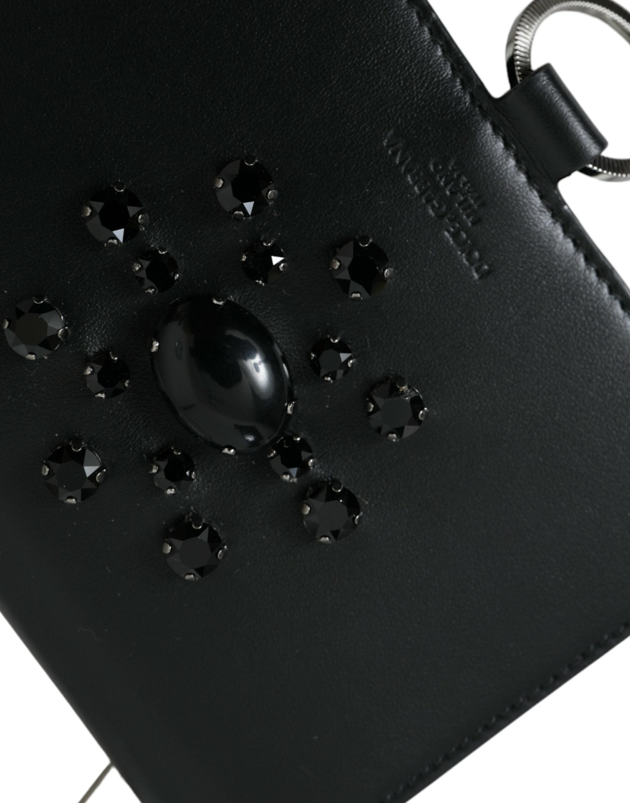 Dolce & Gabbana Black White Leather Crystal Embellished Cardholder Women's Wallet