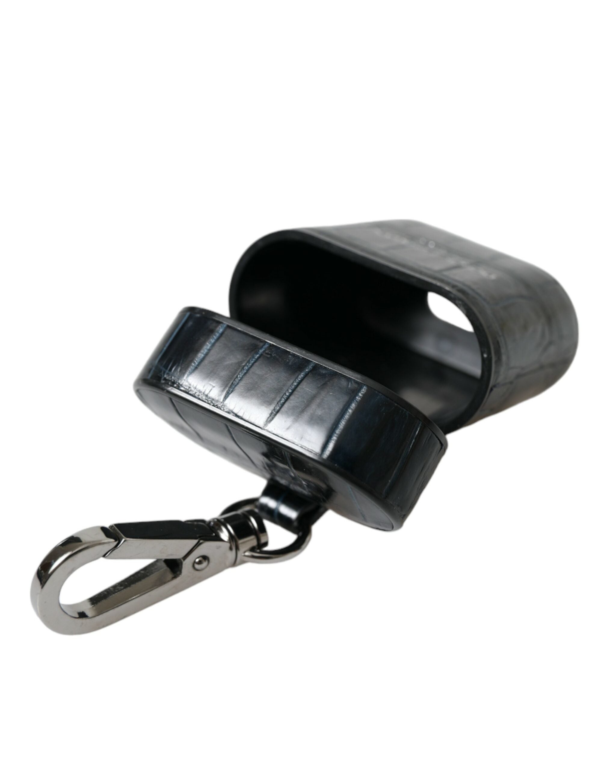 Dolce & Gabbana Black Crocodile Leather Silver Metal Logo Airpods Women's Case
