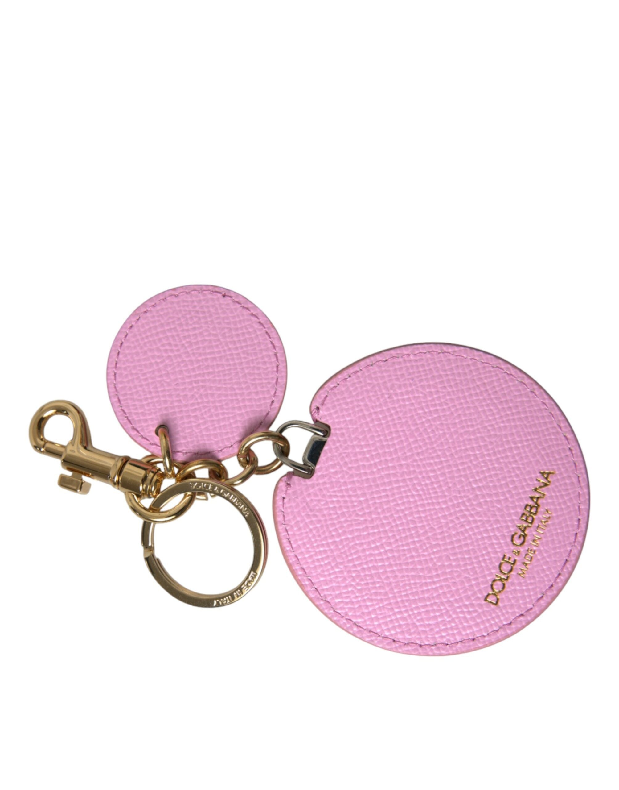Dolce & Gabbana Pink Calf Leather Gold Metal Logo Print Keyring Women's Keychain