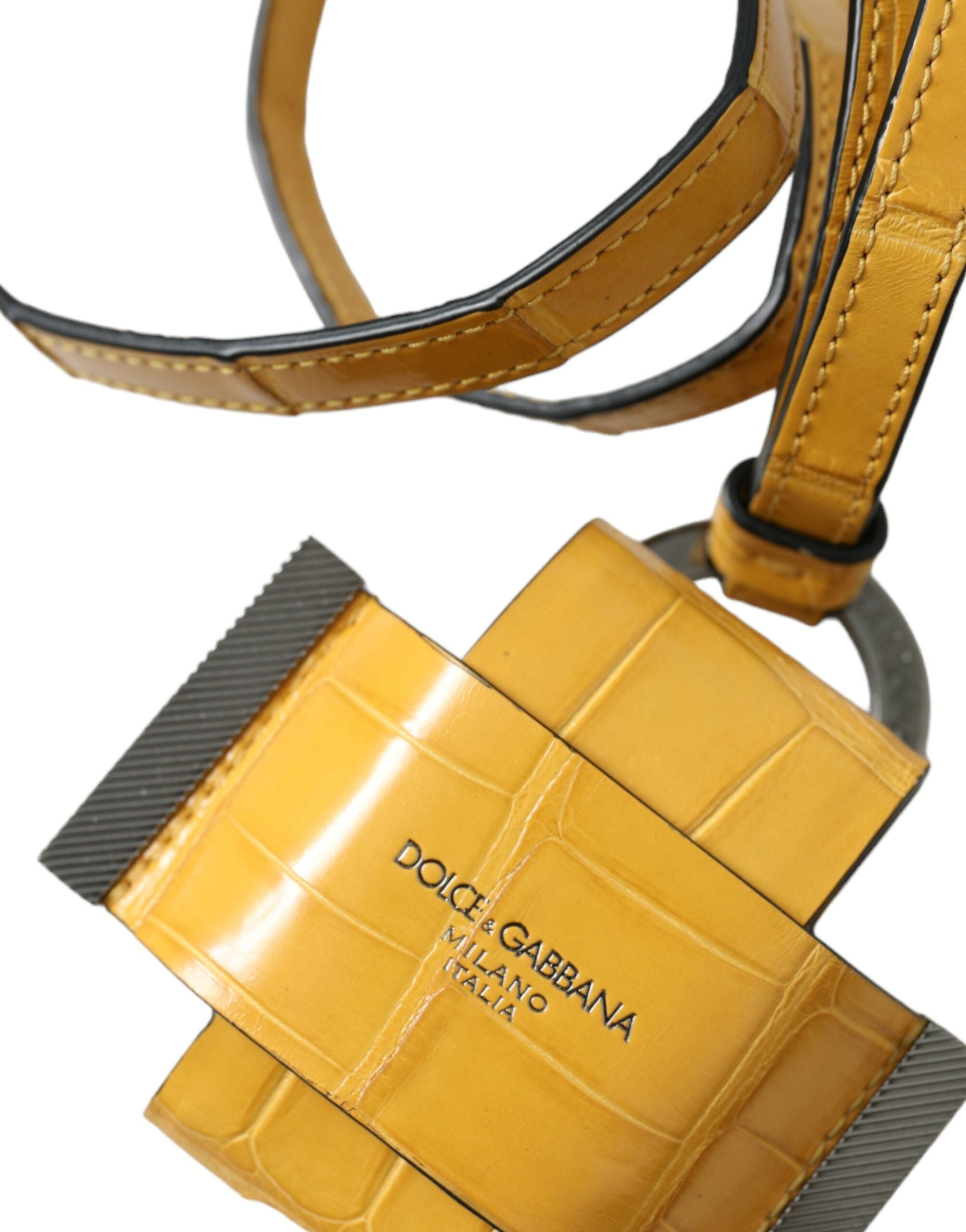 Dolce & Gabbana Yellow Crocodile Leather Logo Print Lanyard Women's Keychain