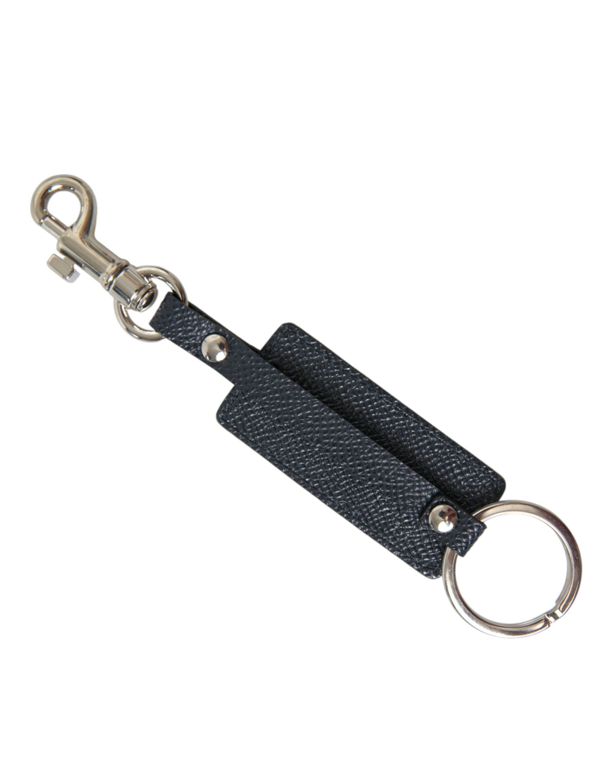 Dolce & Gabbana Black Calf Leather DG Logo Silver Brass Keyring Women's Keychain