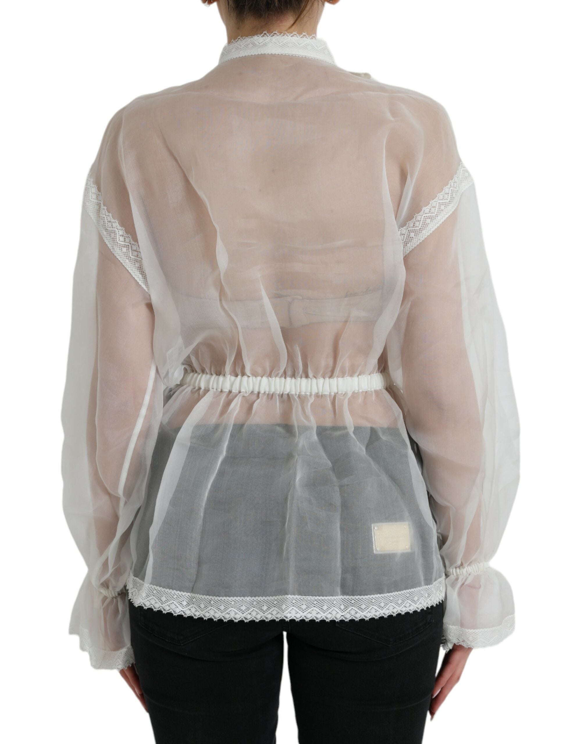 Dolce & Gabbana White Silk Long Sleeves Ascot Collar Women's Top