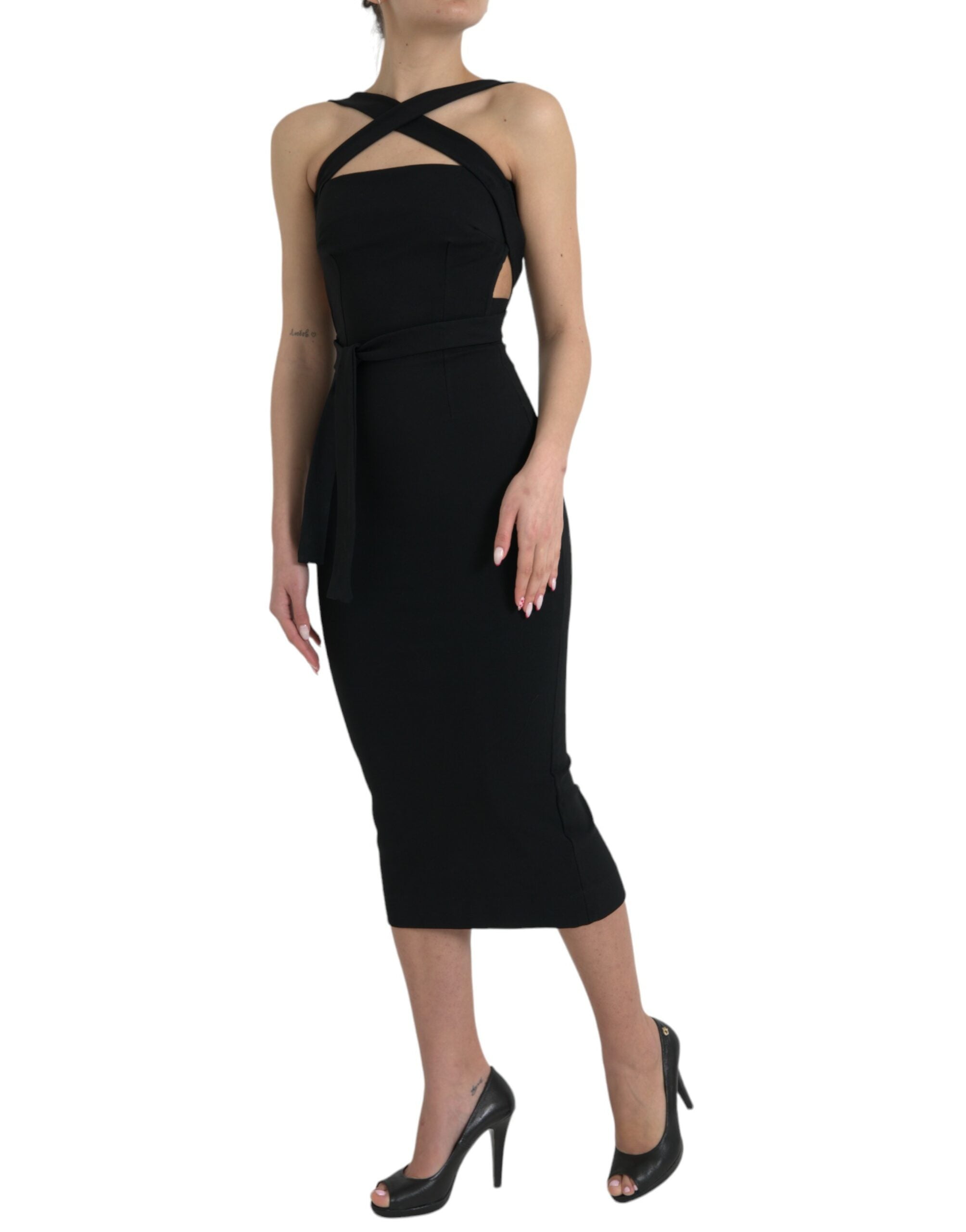 Dolce & Gabbana Black Sheath Halter Sleeveless Midi Women's Dress