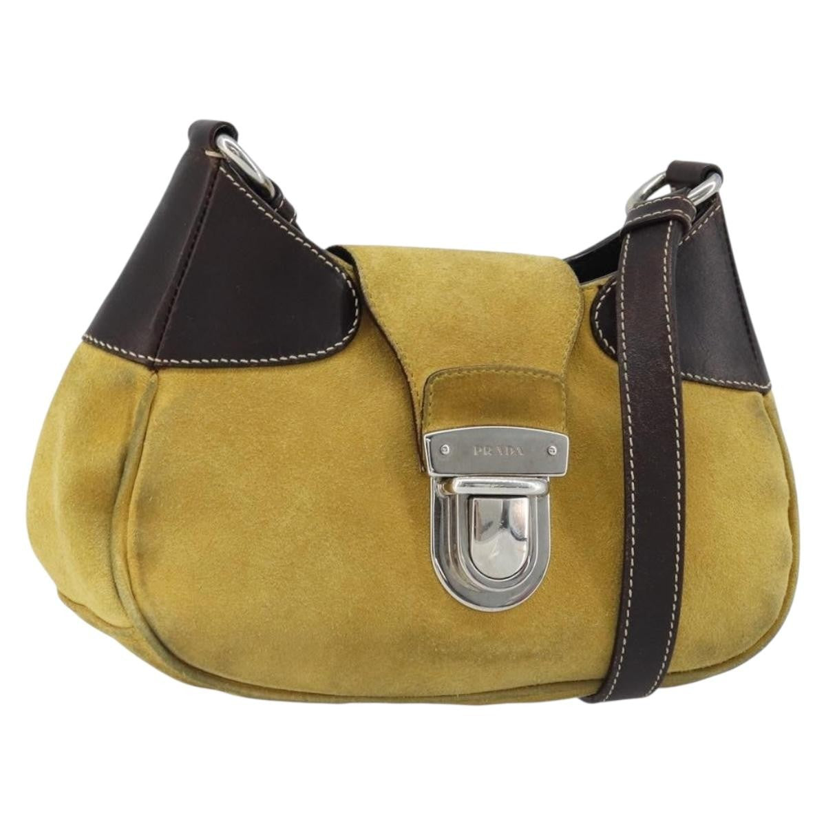 Prada Push Lock Flap Satchel Suede Yellow Suede Shoulder Bag Bag (Pre-Owned)