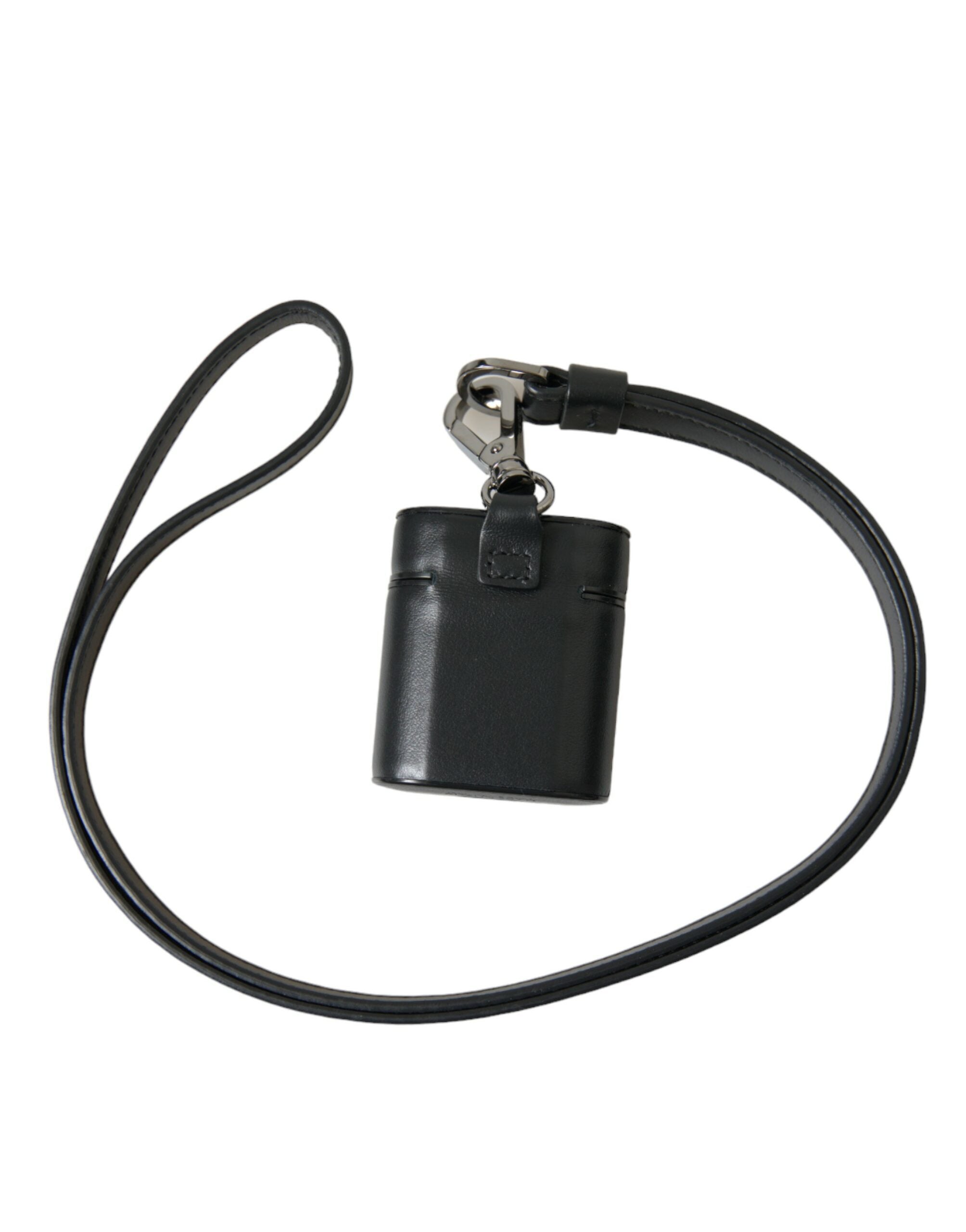 Dolce & Gabbana Black Leather Strap Silver Metal Logo Printed Airpods Men's Case