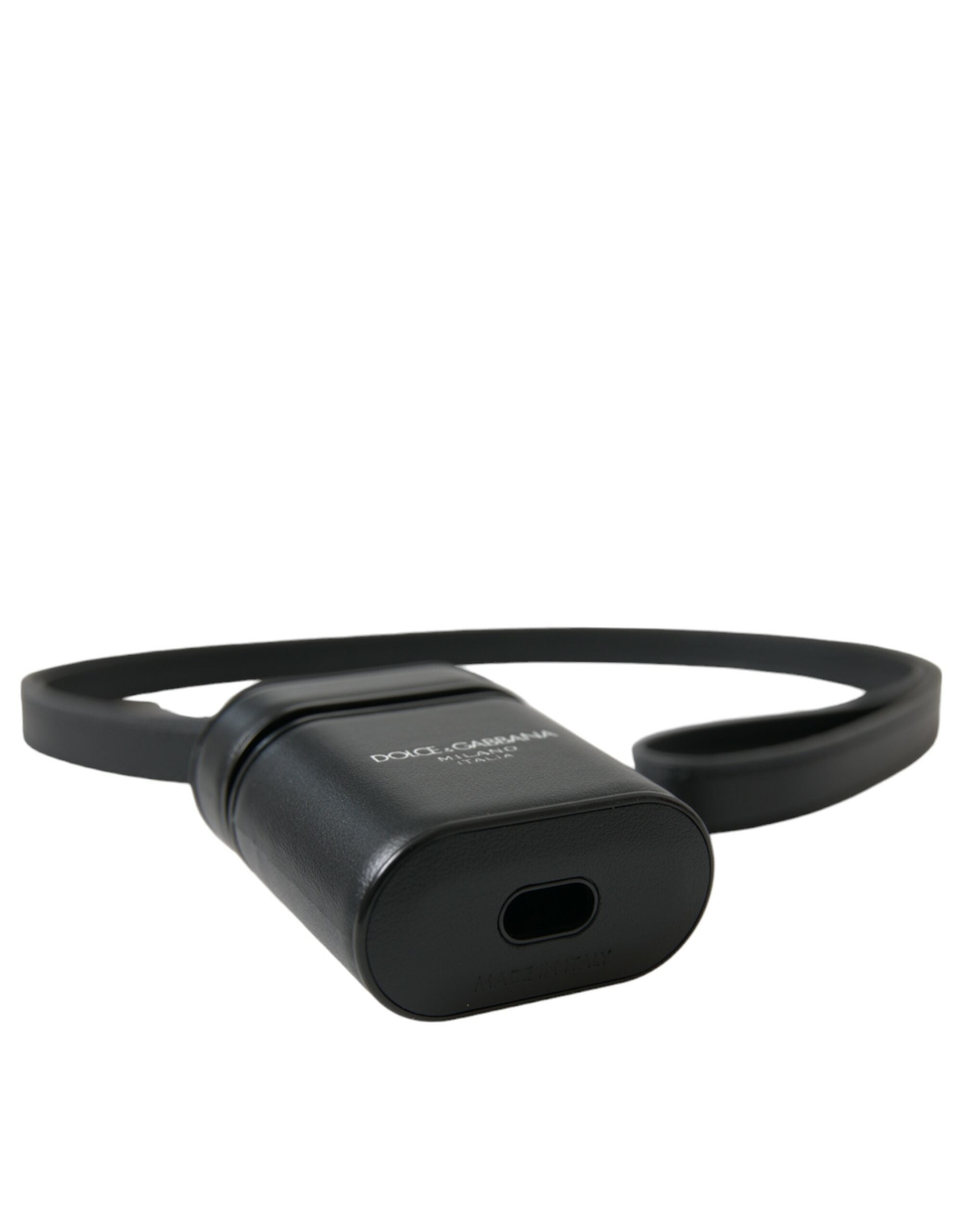 Dolce & Gabbana Black Leather Strap Silver Metal Logo Printed Airpods Men's Case