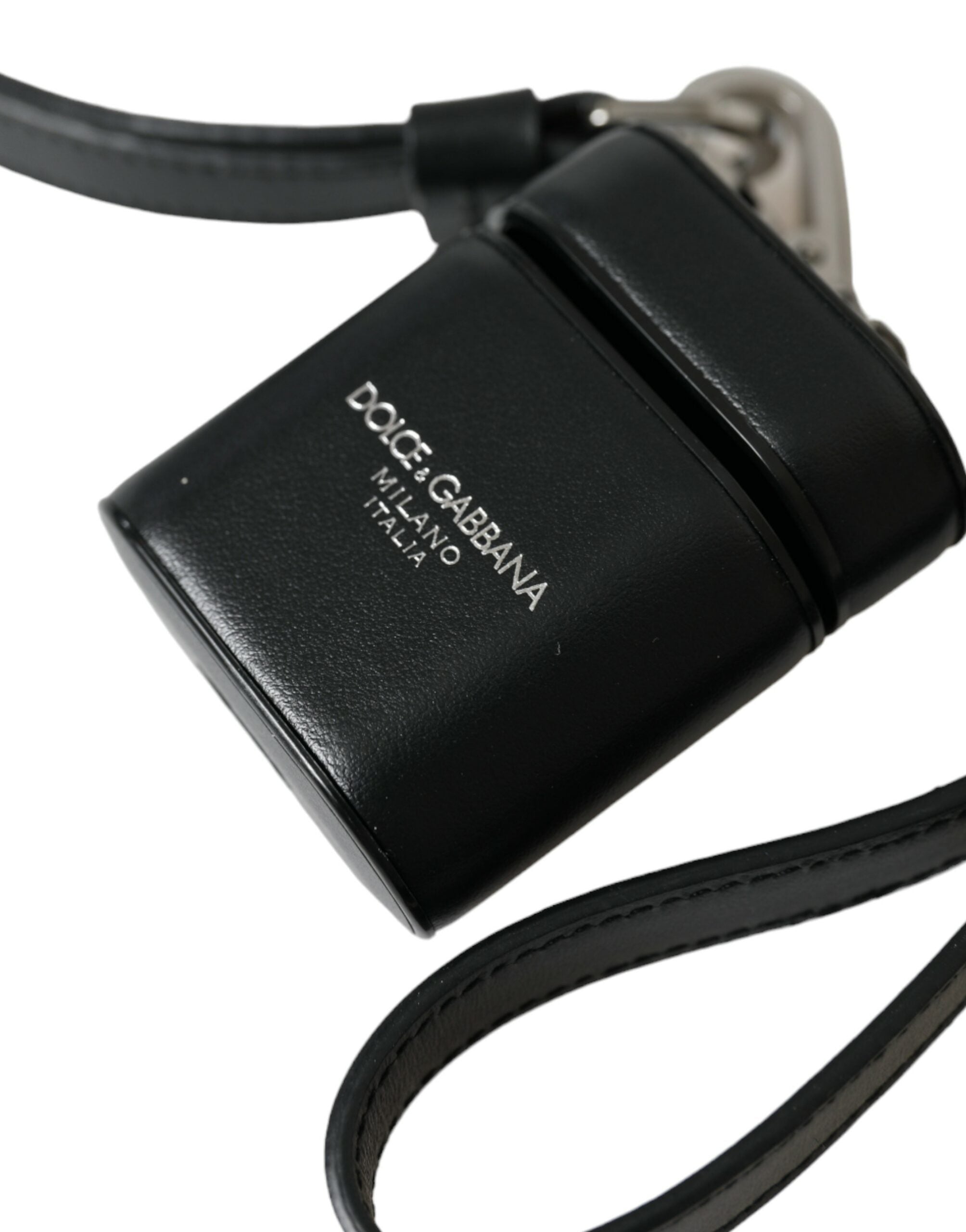 Dolce & Gabbana Black Leather Strap Silver Metal Logo Printed Airpods Men's Case