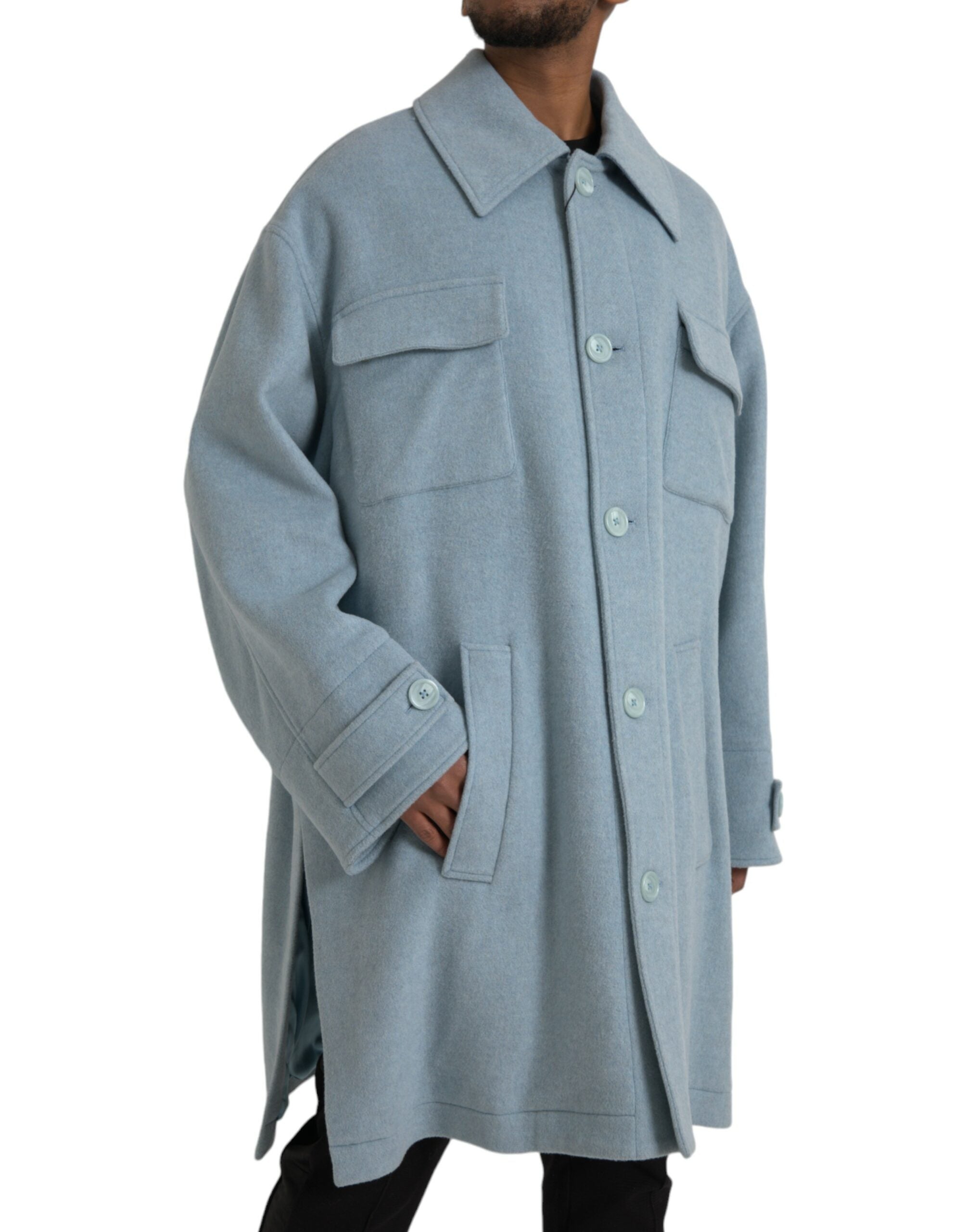 Dolce & Gabbana Light Blue Wool Button Trench Coat Men's Jacket