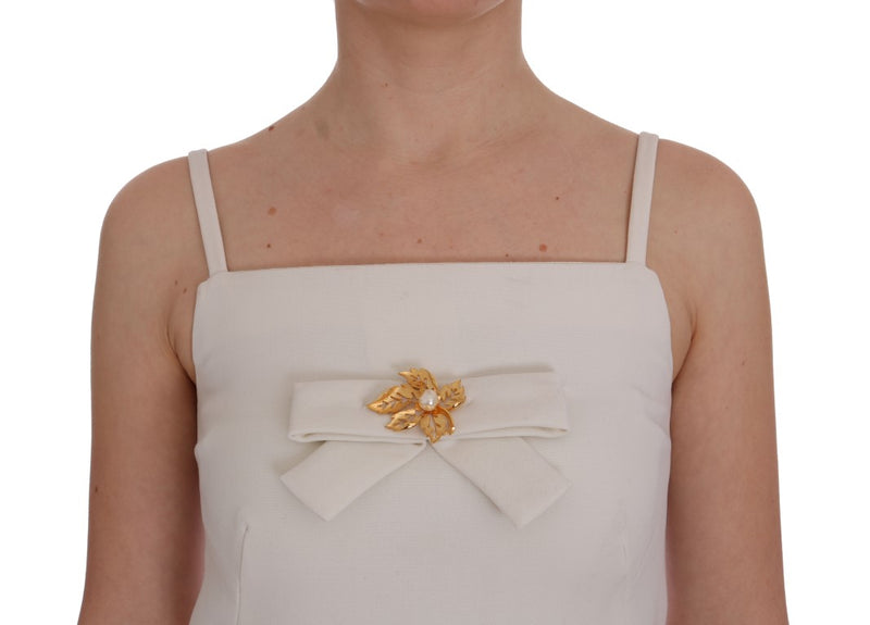 Dolce & Gabbana Elegant White Wool Shift Dress with Gold Women's Brooch