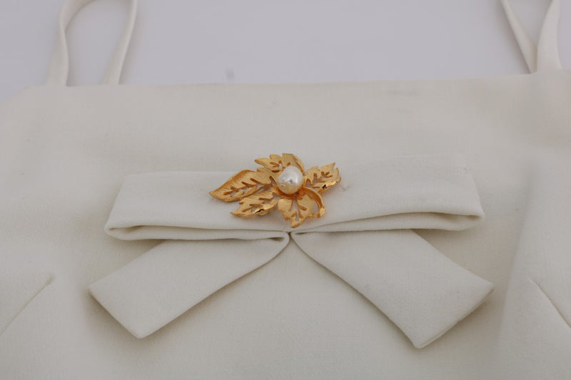 Dolce & Gabbana Elegant White Wool Shift Dress with Gold Women's Brooch