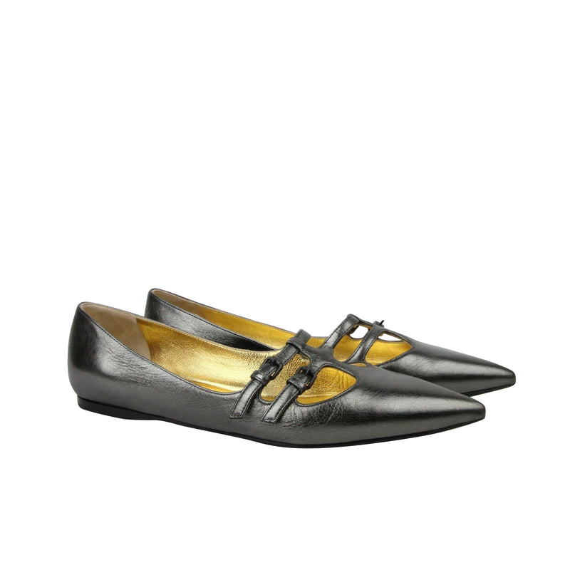 Bottega Veneta Women's Pointed toe Grey Metallic Leather Flats