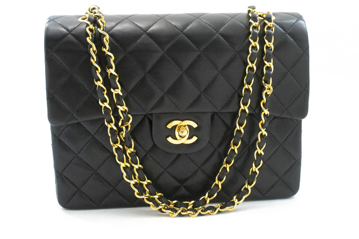 Chanel Vintage Square Classic Double Flap Quilted Leather Black Leather Handbag (Pre-Owned)