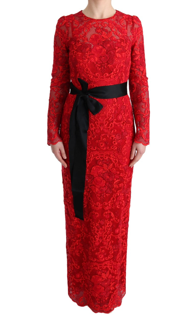 Dolce & Gabbana Red Floral Ricamo Sheath Long Women's Dress