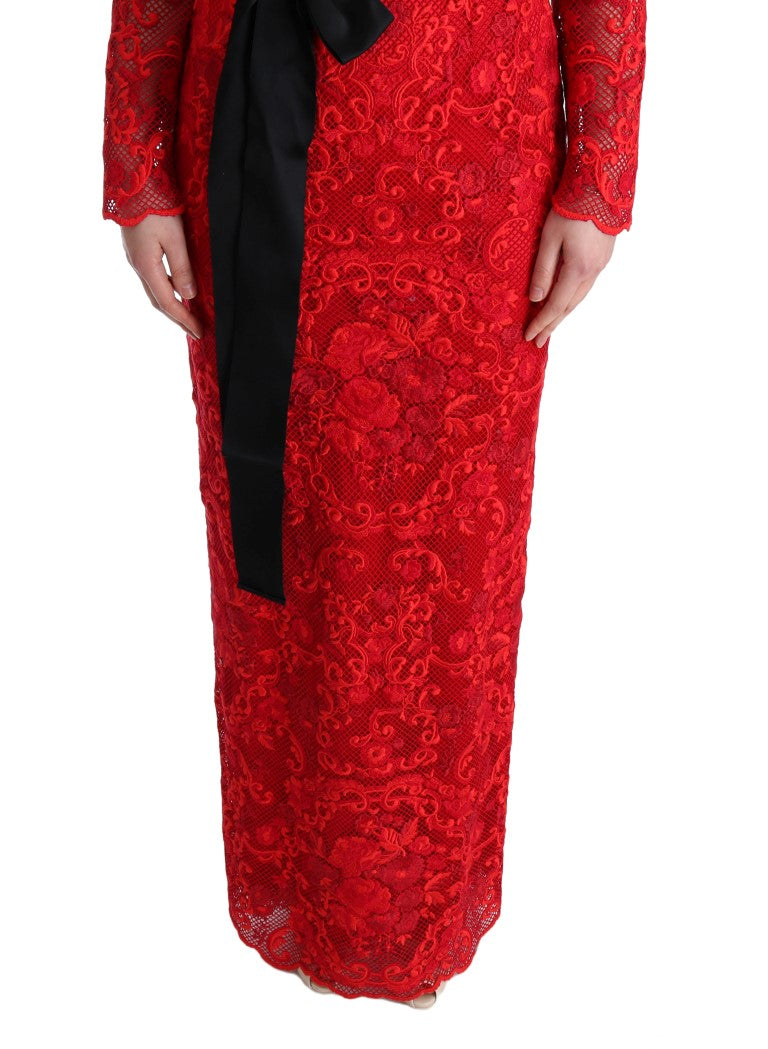 Dolce & Gabbana Red Floral Ricamo Sheath Long Women's Dress