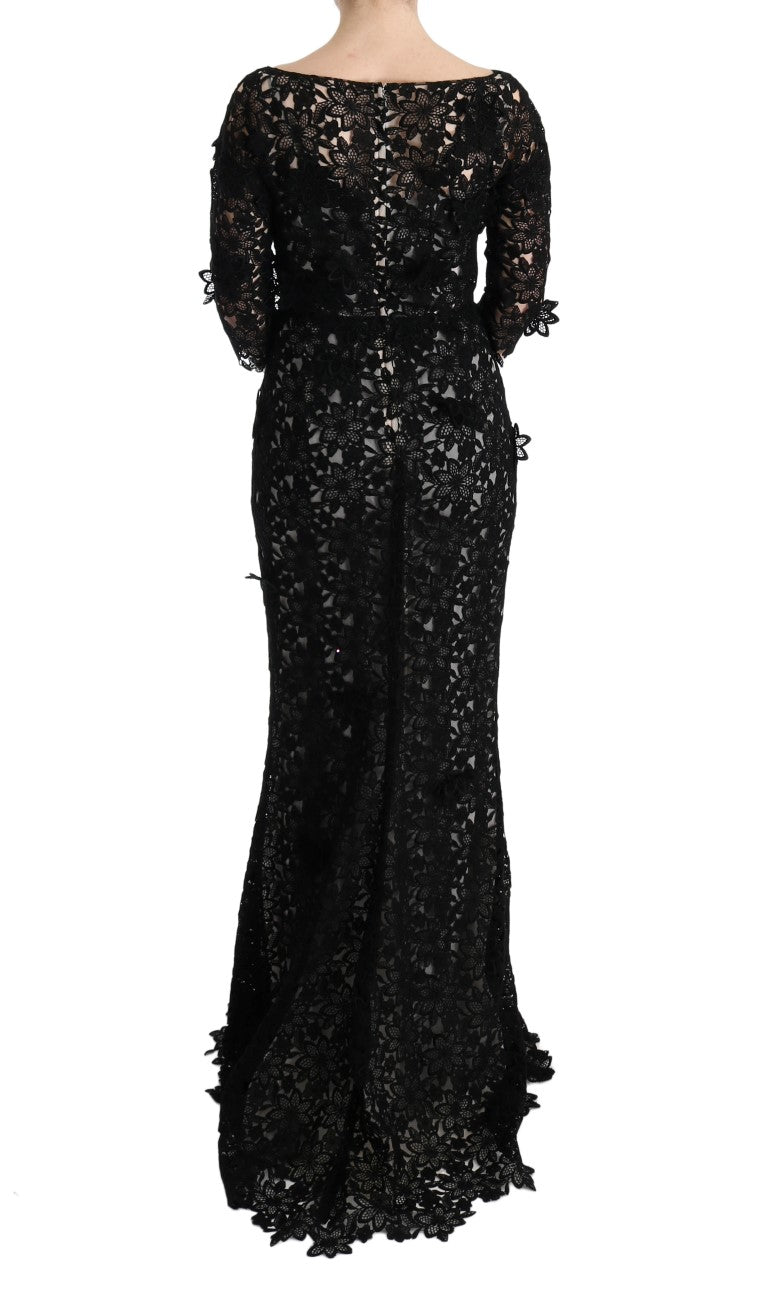 Dolce & Gabbana Elegant Black Maxi Shift Dress with Floral Women's Applique