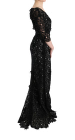 Dolce & Gabbana Elegant Black Maxi Shift Dress with Floral Women's Applique