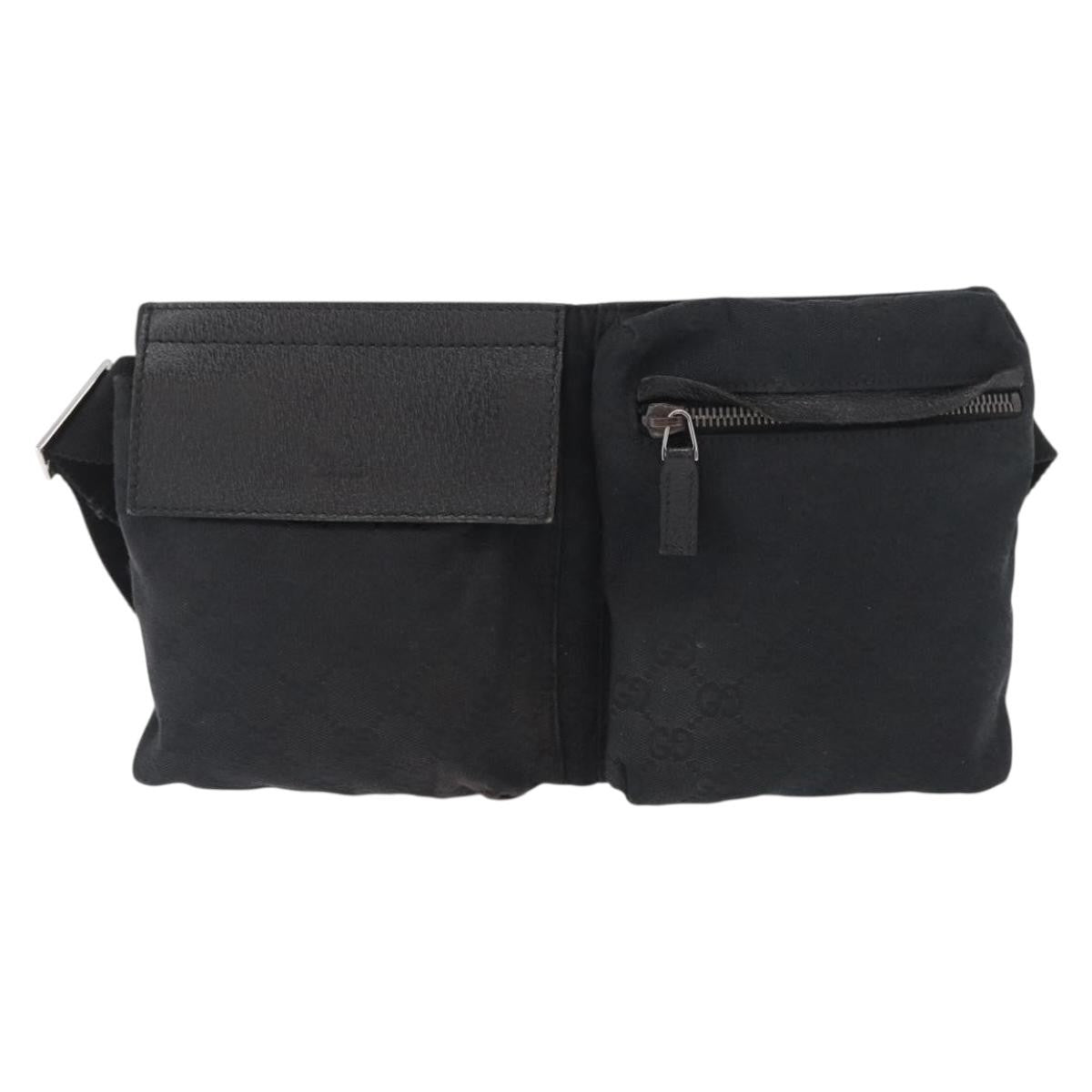 Gucci Vintage Double Belt Gg Canvas With Leather Black Canvas Handbag (Pre-Owned)