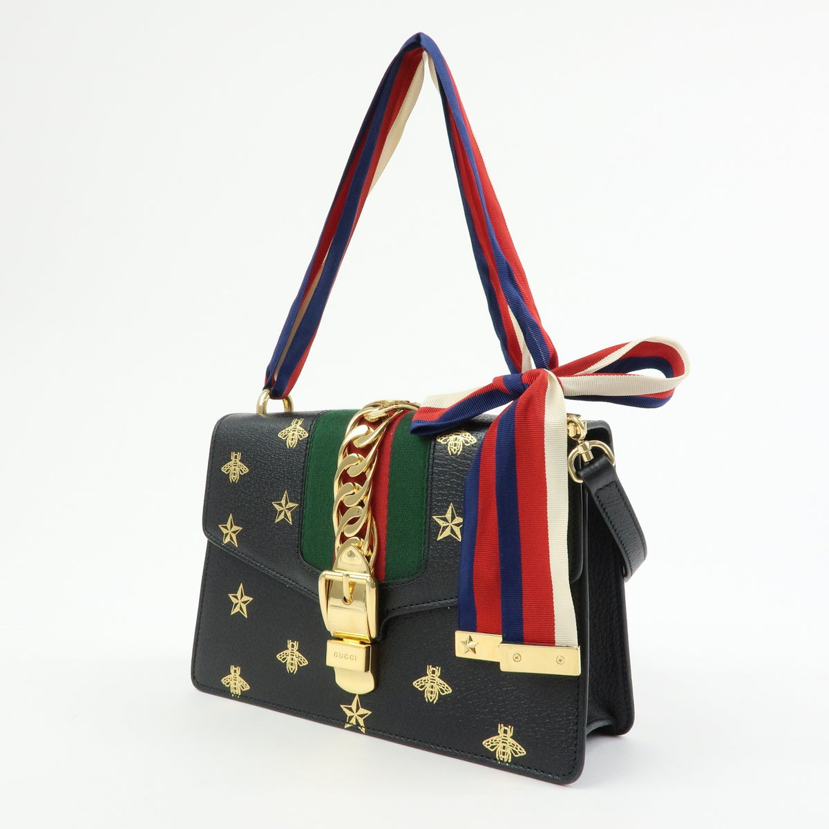 Gucci Sylvie Printed Leather Black Leather Shoulder Bag Bag (Pre-Owned)