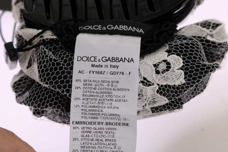 Dolce & Gabbana Black White Floral Lace Crystal Hair Women's Claw
