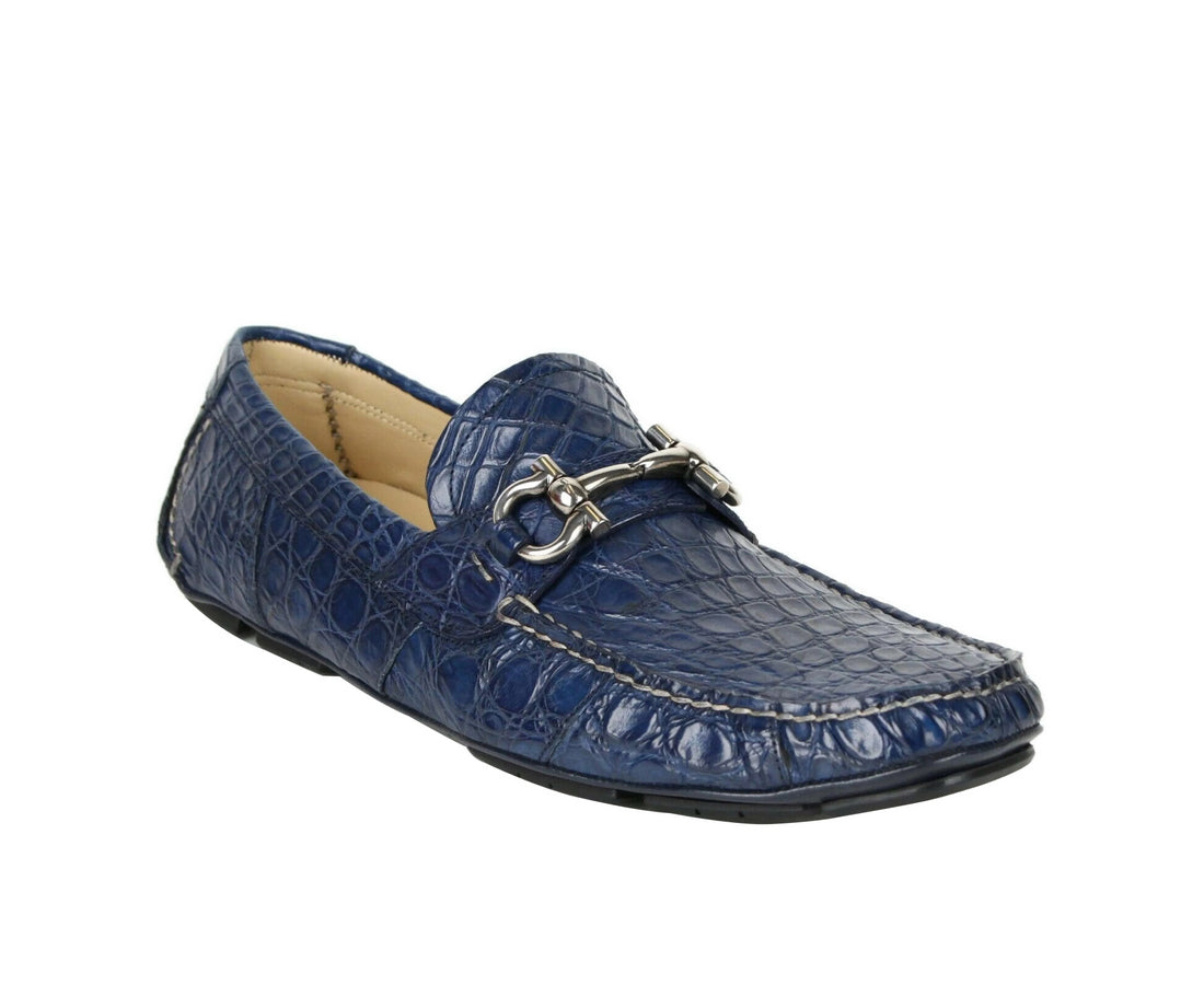 Parigi Dark Blue Crocodile Horsebit Loafers