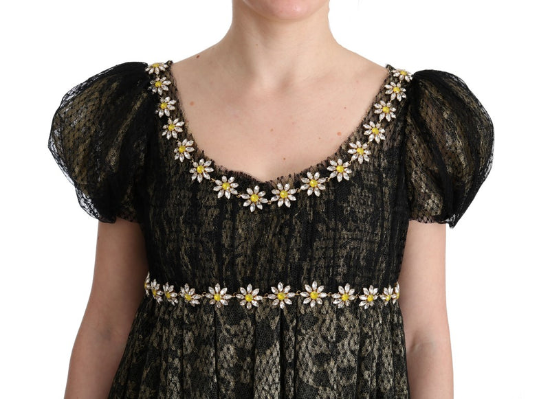 Dolce & Gabbana Black Yellow Crystal Lace Shift Women's Dress