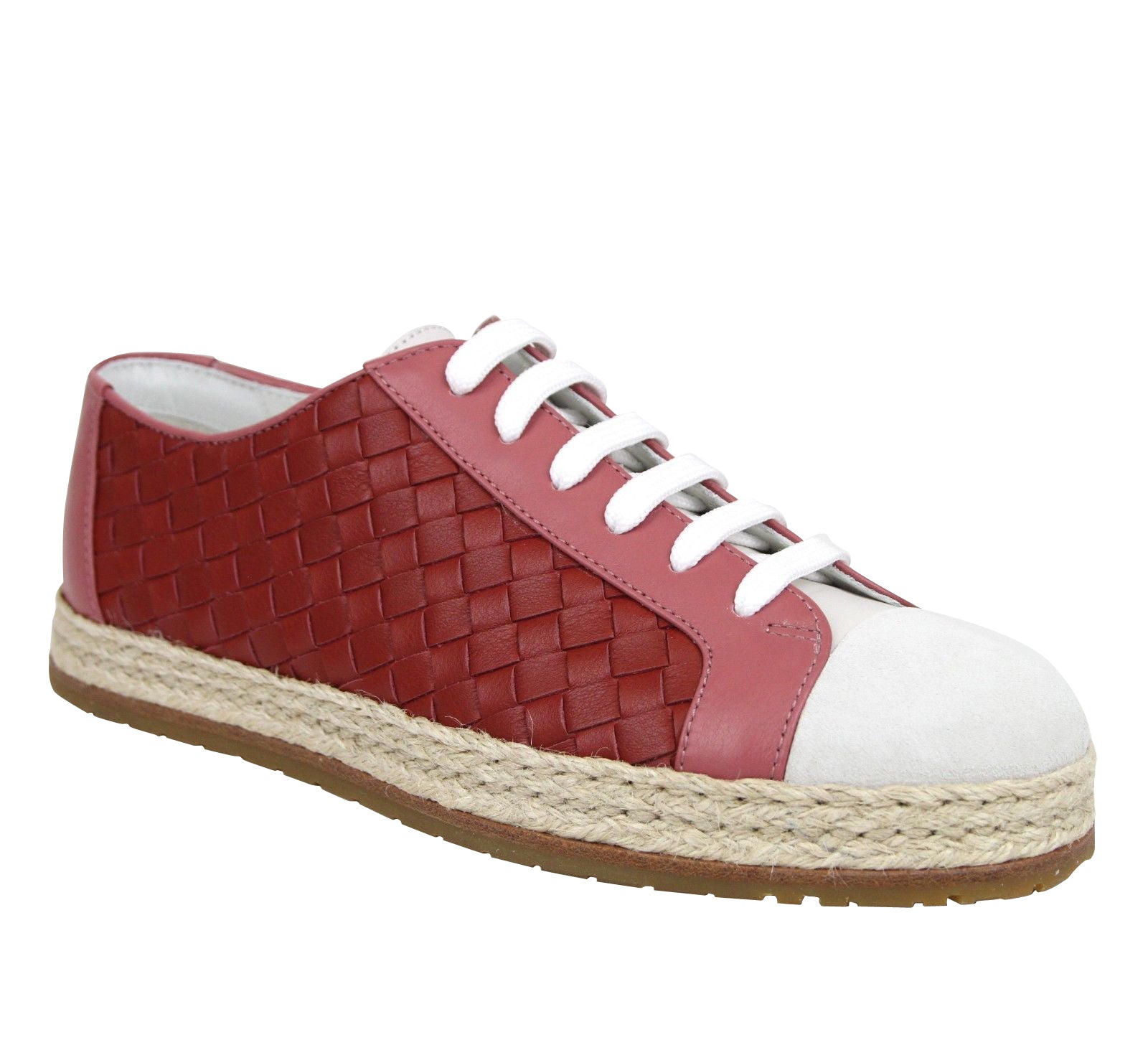 Bottega Veneta Women's Pink / Red Leather Woven Lace Up Sneakers (37.5 EU / 7.5 US)