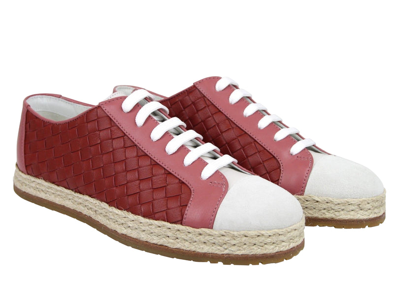 Bottega Veneta Women's Pink / Red Leather Woven Lace Ups Sneakers