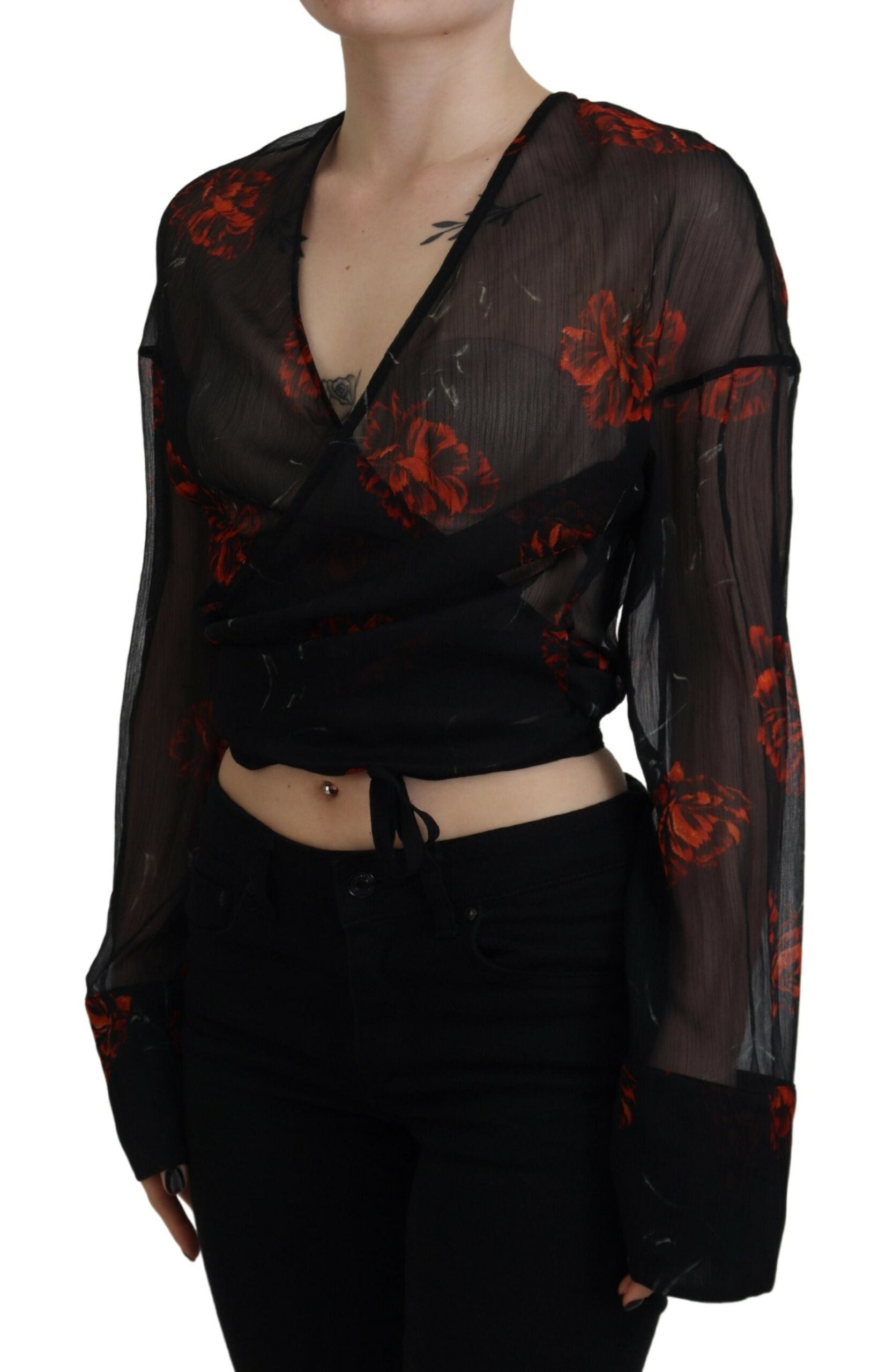 Dsquared² Black Floral Print Cropped Wrap Long Sleeves Women's Top (Pre-Owned)