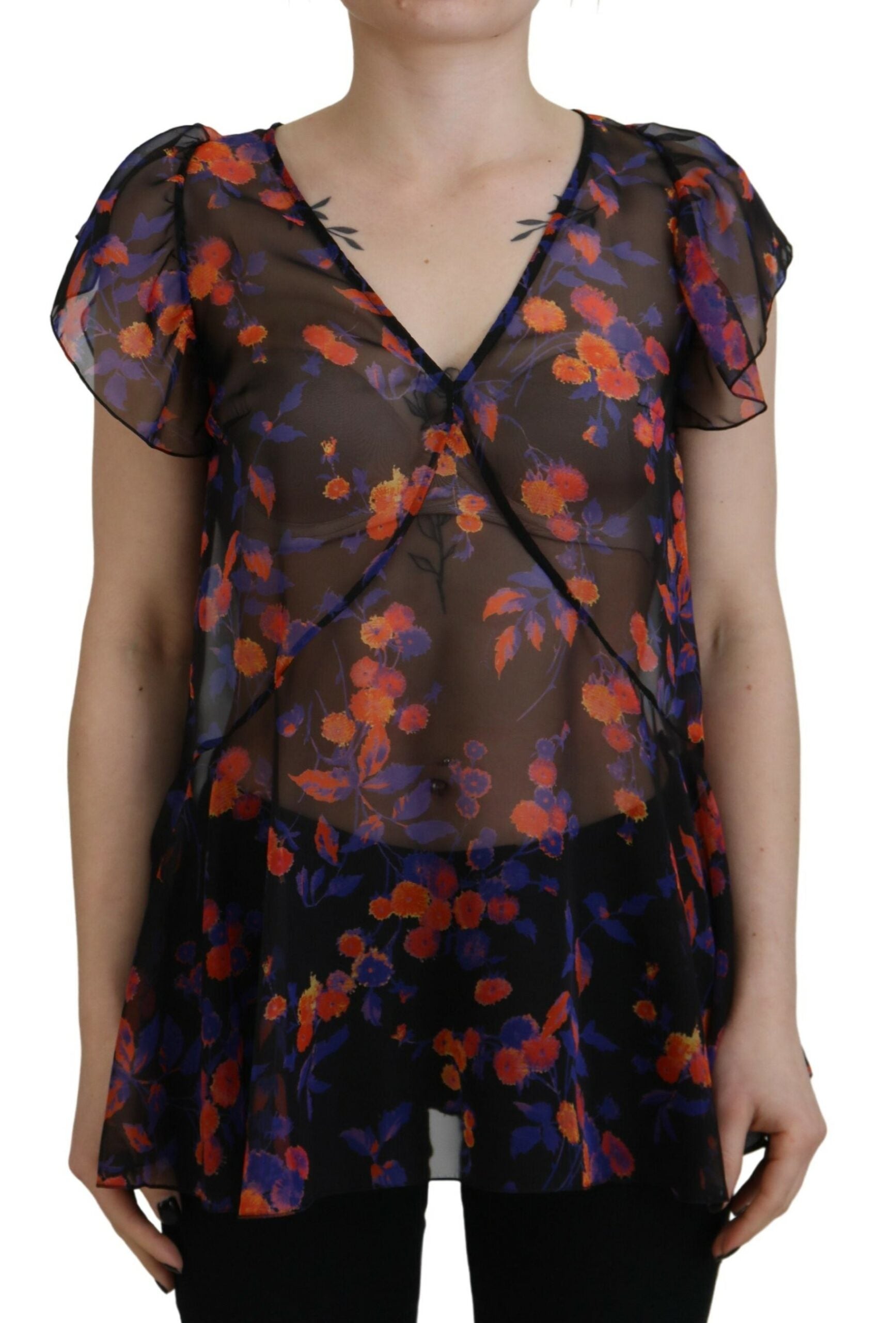 Dsquared² Black Floral Print Short Sleeves V-neck Blouse Women's Top (Pre-Owned)