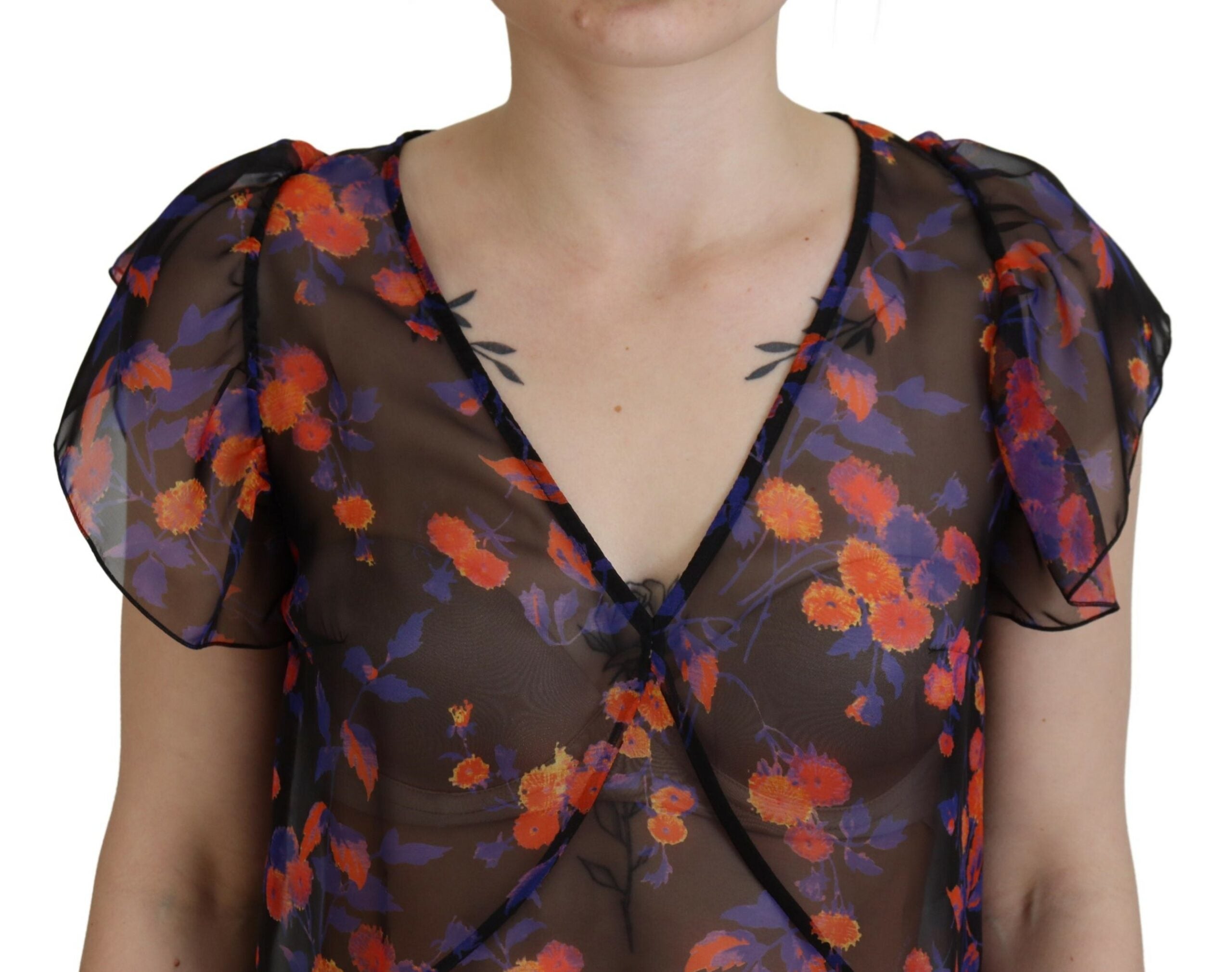 Dsquared² Black Floral Print Short Sleeves V-neck Blouse Women's Top (Pre-Owned)