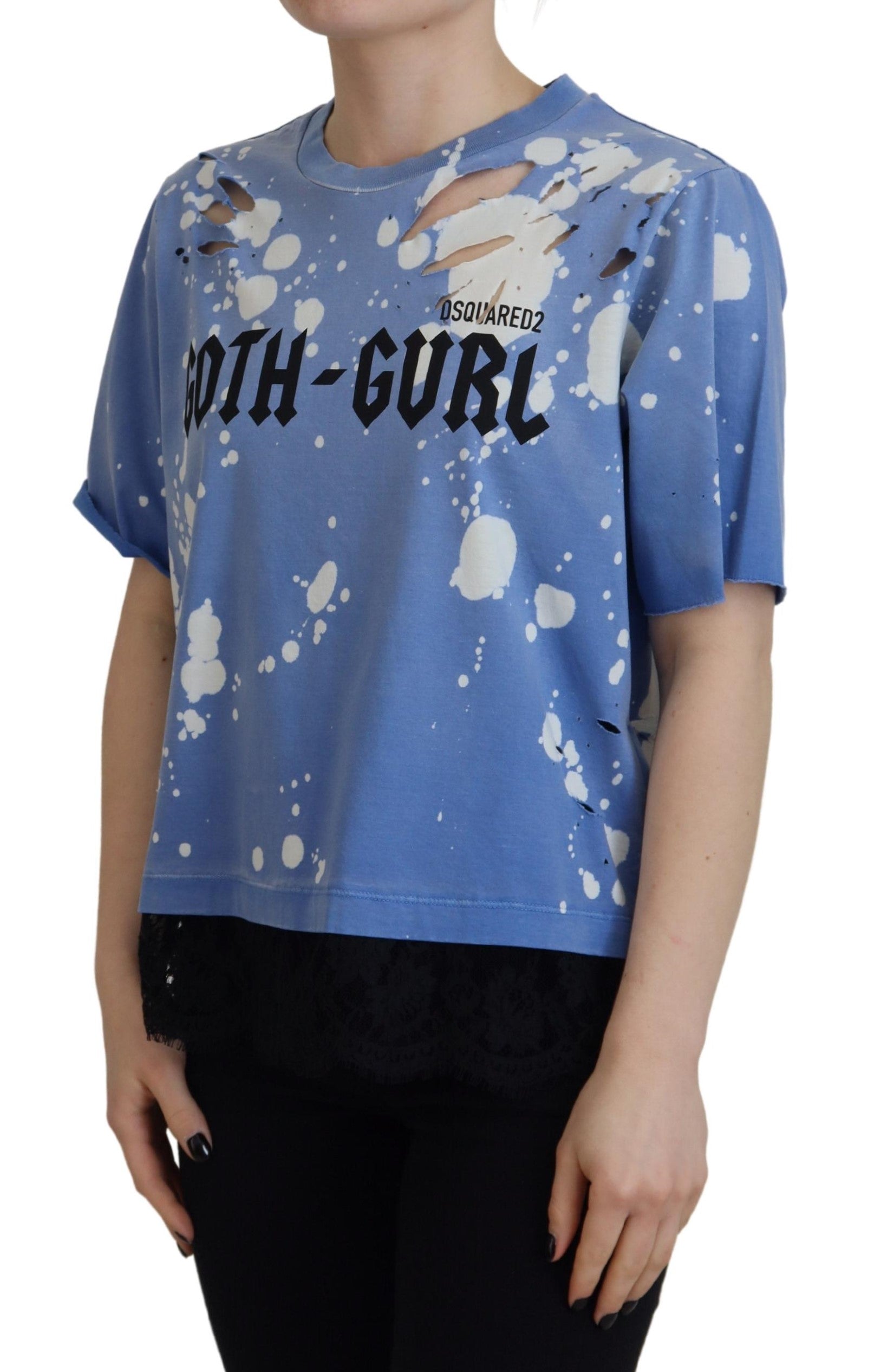 Dsquared² Blue Goth Gurl Print Black Lace Cotton Tee Women's T-shirt (Pre-Owned)