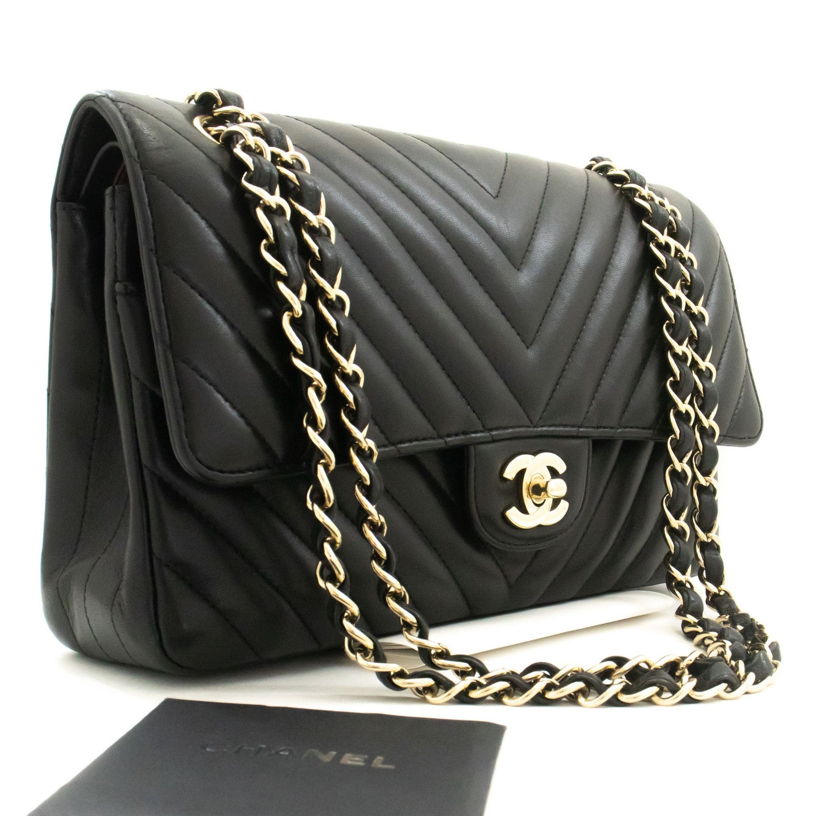 Chanel Timeless - Classic Double Flap Chevron Lambskin Black Leather Shoulder Bag Bag (Pre-Owned)