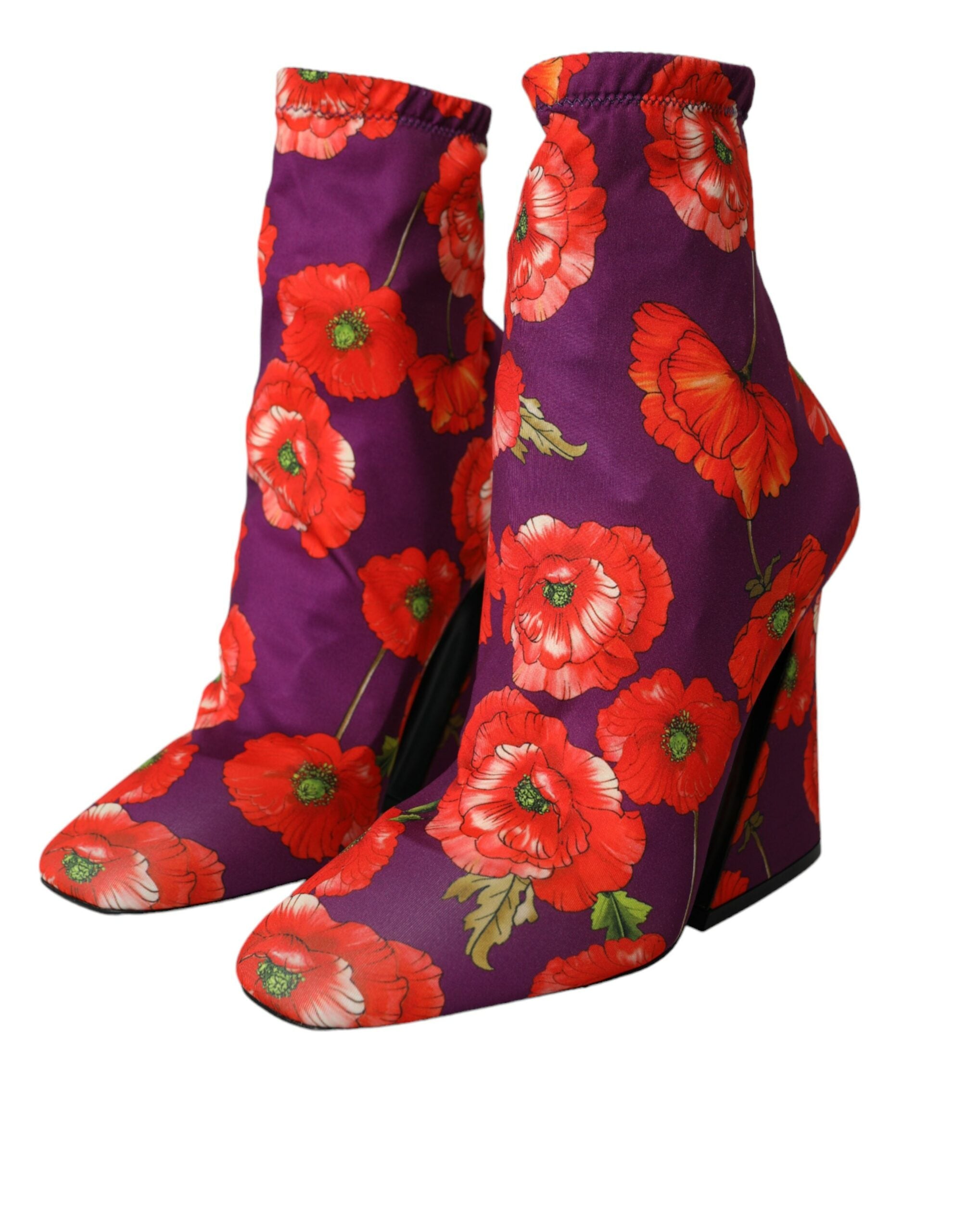 Dolce & Gabbana Purple Floral Jersey Stretch Boots Women's Shoes