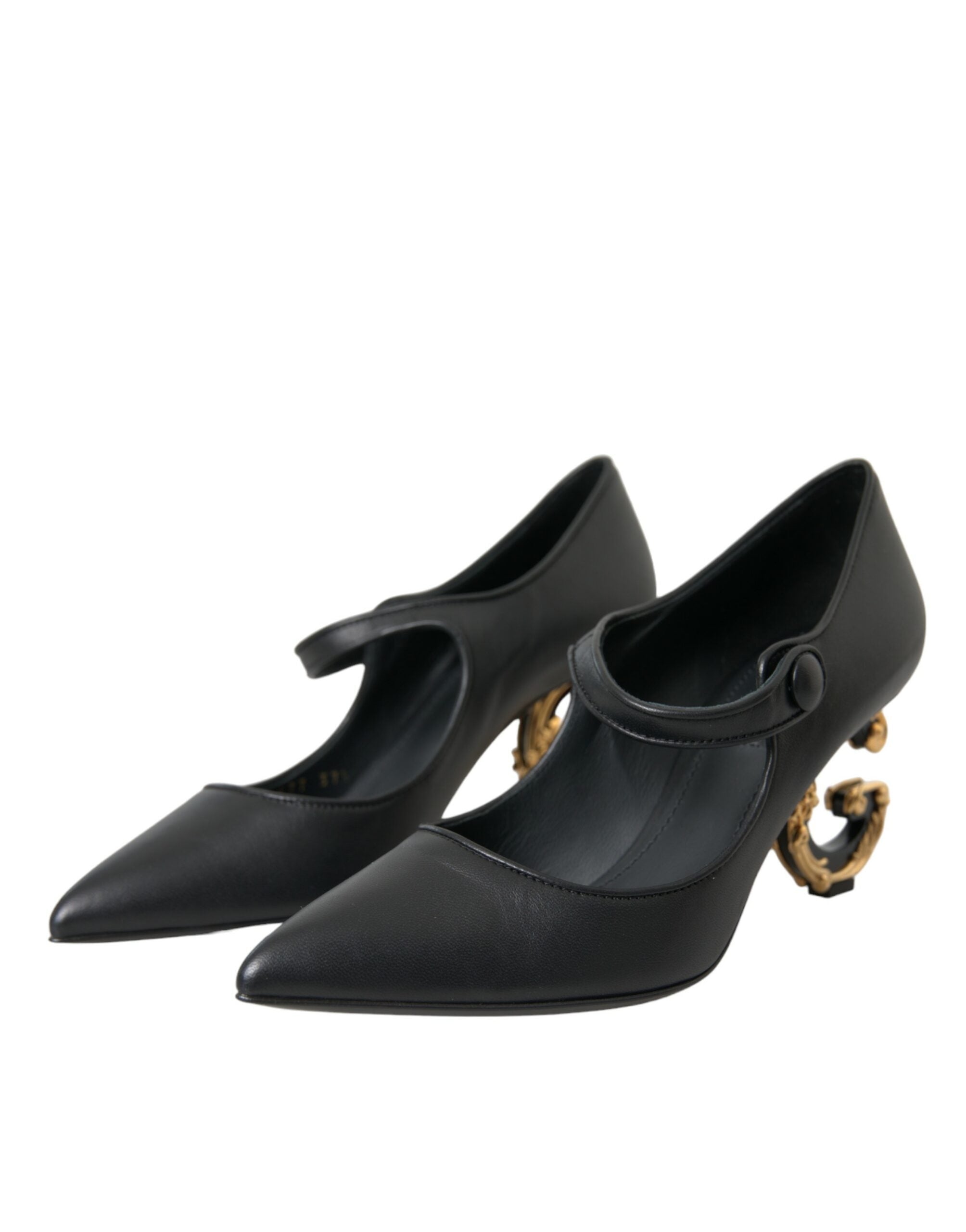 Dolce & Gabbana Black Leather Logo Heels Mary Janes Pumps Women's Shoes