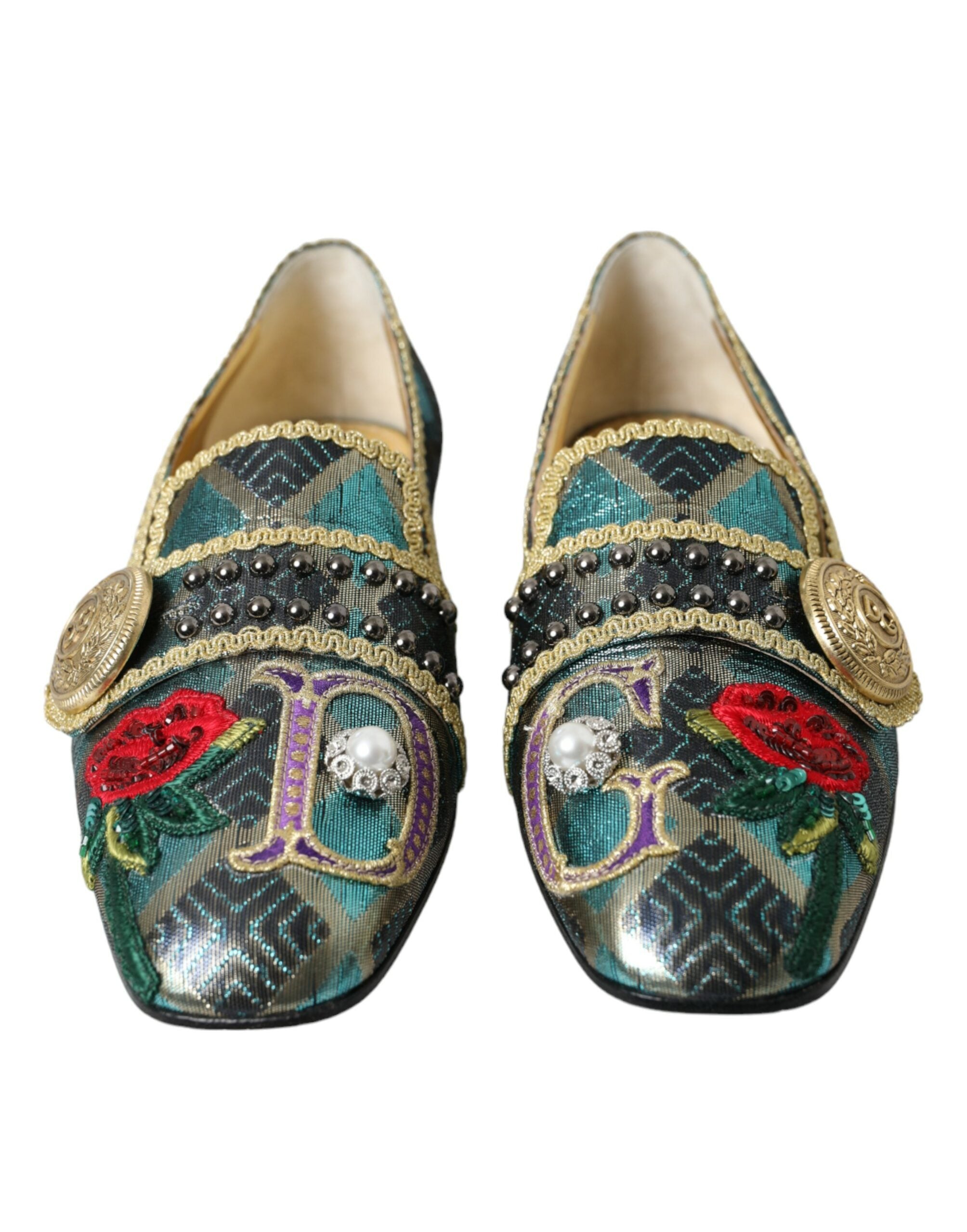 Dolce & Gabbana Multicolor Jacquard Embellished Loafers Women's Shoes
