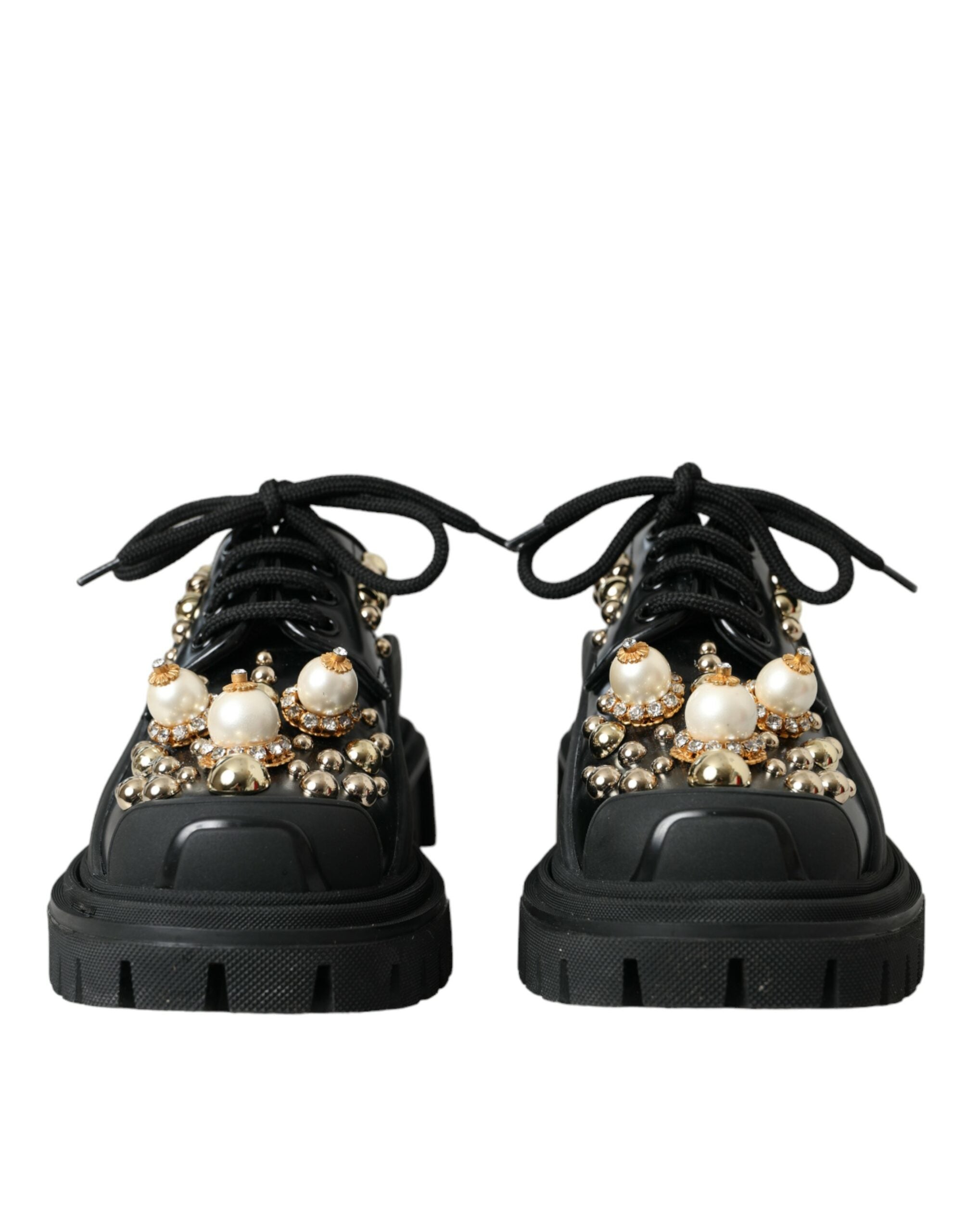 Dolce & Gabbana Black Leather Trekking Derby Embellished Women's Shoes