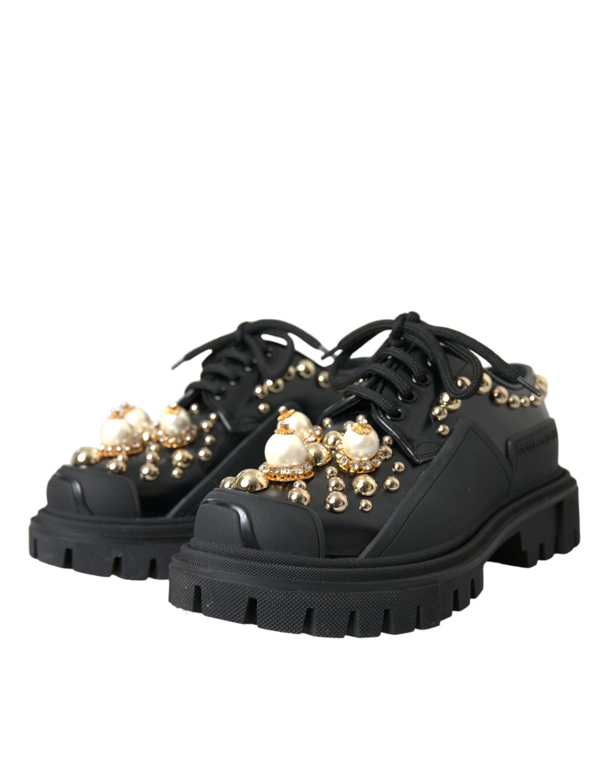 Dolce & Gabbana Black Leather Trekking Derby Embellished Women's Shoes (Pre-Owned)