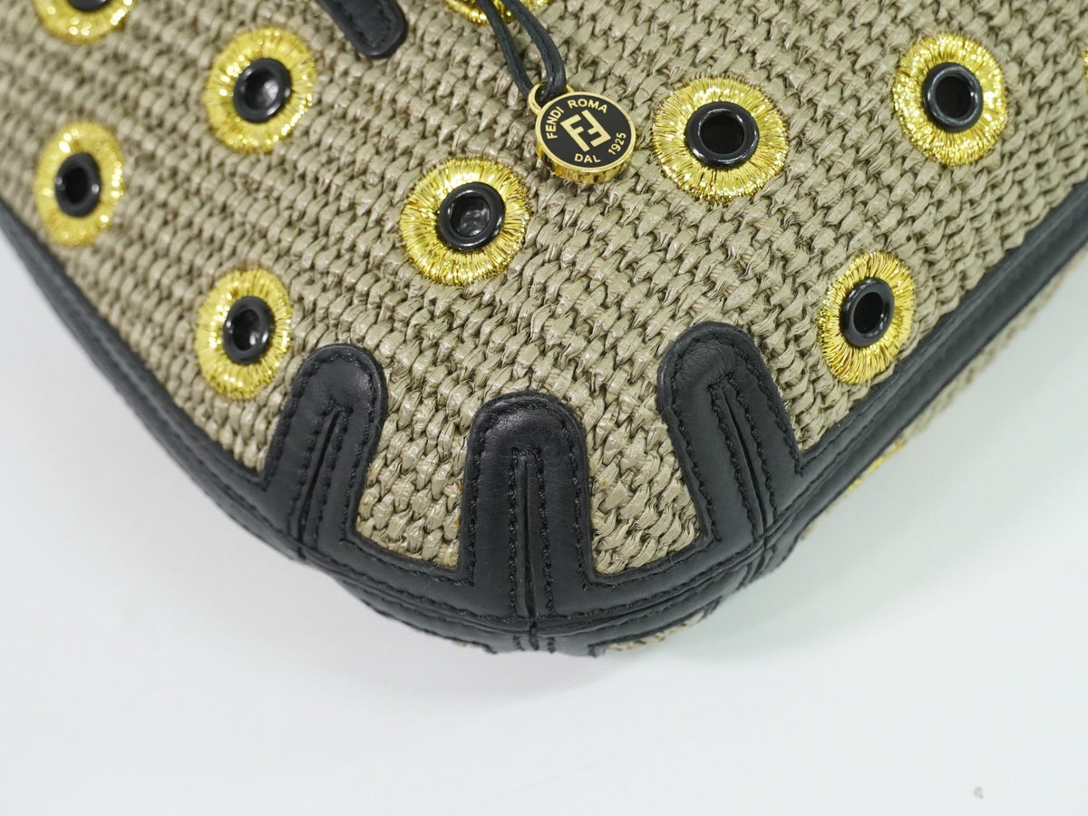 Fendi B. Fab Convertible Tote Grommet Embellished Raffia Beige Leather Handbag (Pre-Owned)