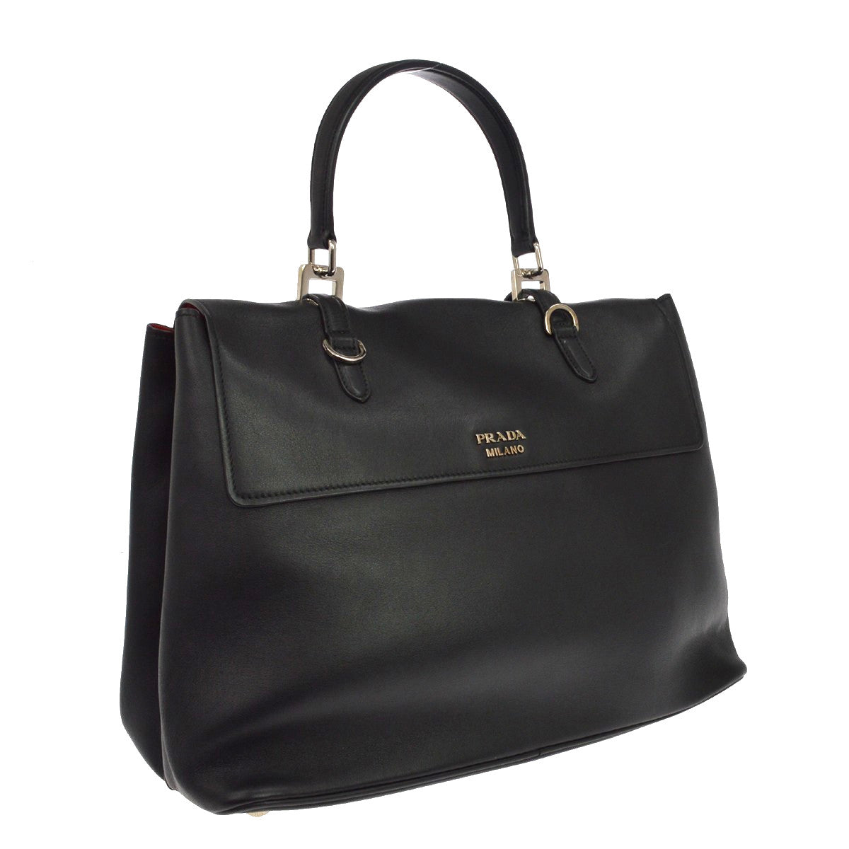 Prada Dual Flap Double Turn Lock Satchel City Calfskin Black Leather Handbag (Pre-Owned)