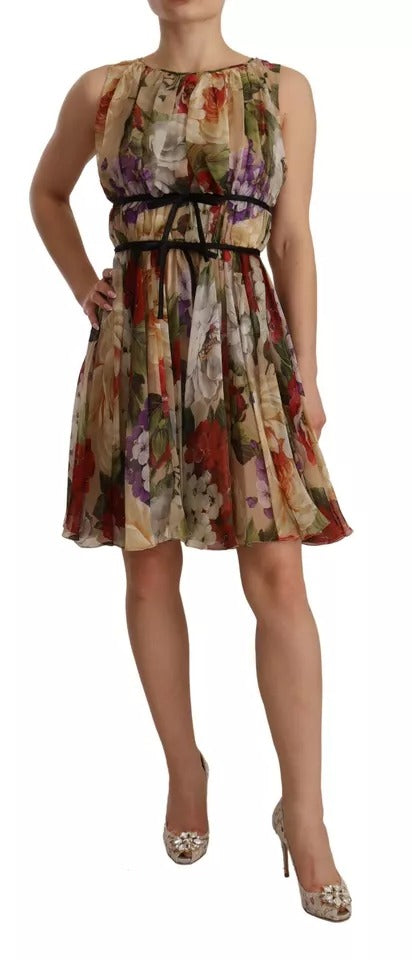 Dolce & Gabbana Beige Floral Sleeveless Round Neck Mini Women's Dress (Pre-Owned)