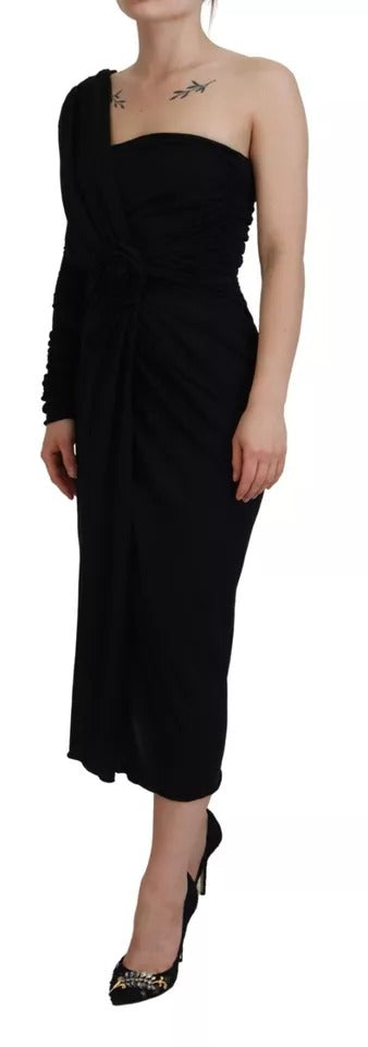 Dolce & Gabbana Black Wrap Sheath One Shoulder Wool Women's Dress (Pre-Owned)
