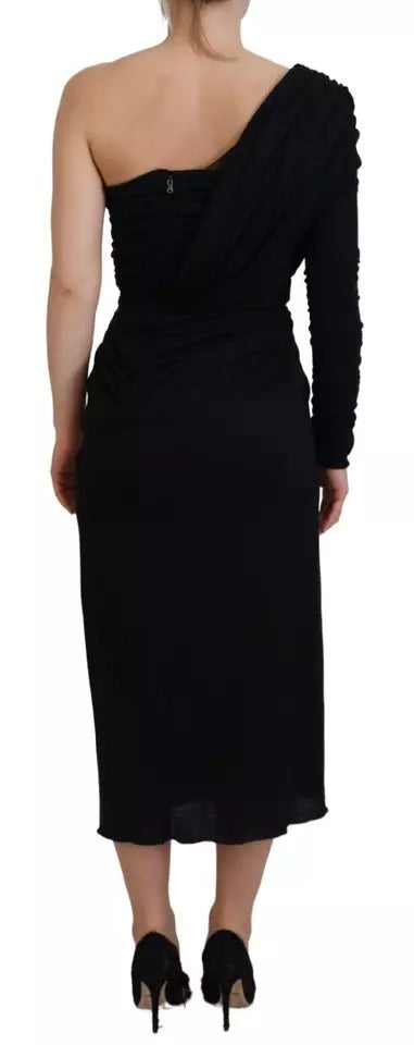 Dolce & Gabbana Black Wrap Sheath One Shoulder Wool Women's Dress (Pre-Owned)
