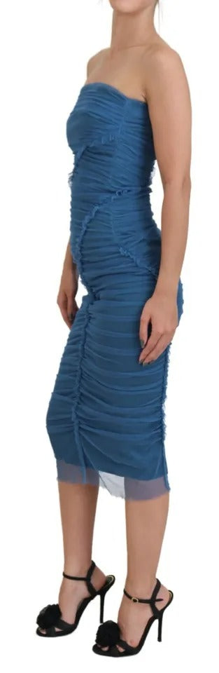Dolce & Gabbana Blue Mesh Trim Ruched Tulle Sheath Women's Dress (Pre-Owned)